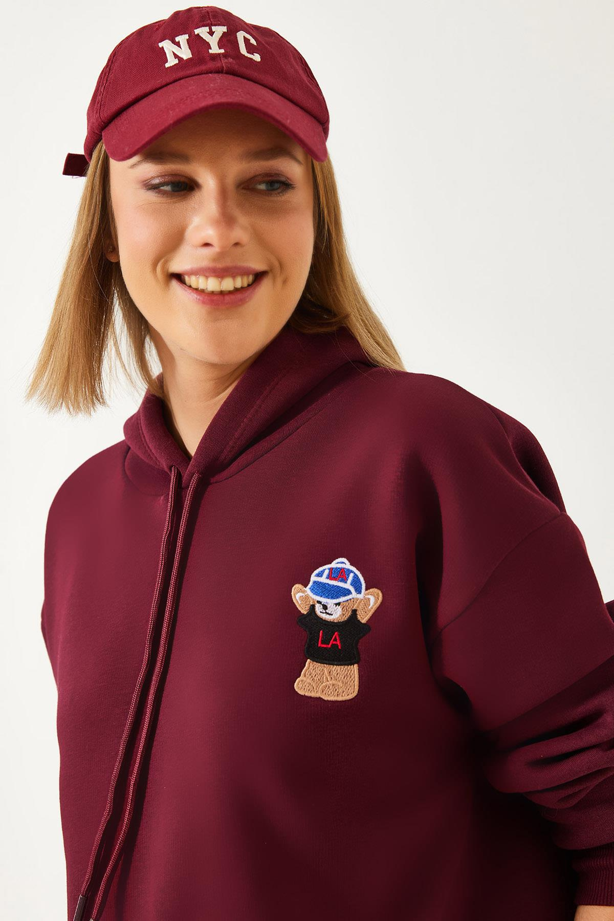 Kapişonlu Üç İplik Şardonlu Sweatshirt 60351294 - Bordo SWEATSHİRT modelleri