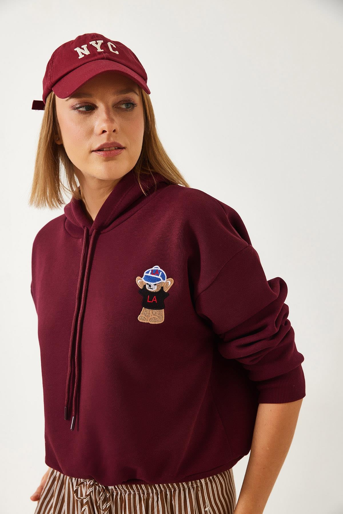 Kapişonlu Üç İplik Şardonlu Sweatshirt 60351294 - Bordo SWEATSHİRT modelleri