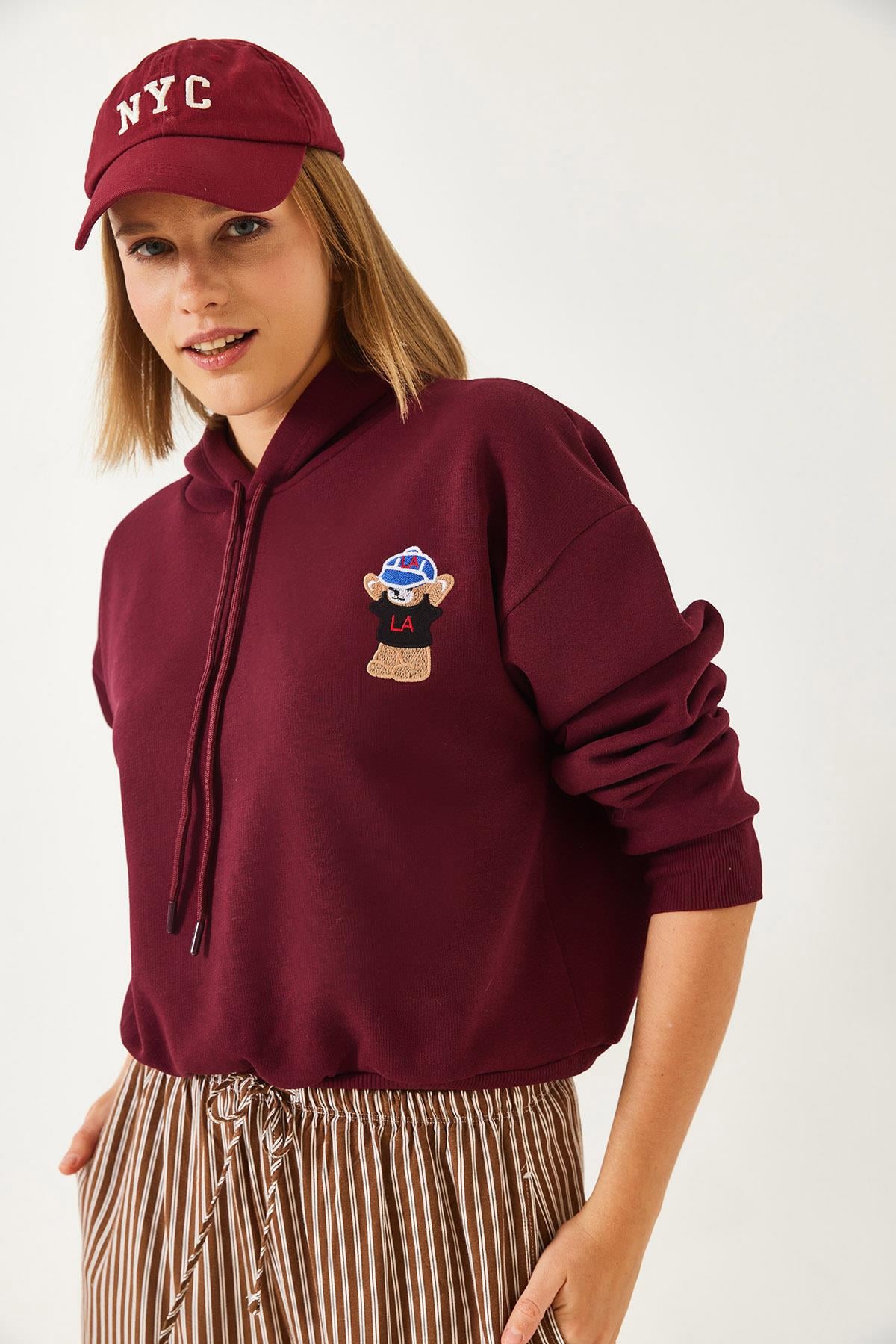 Kapişonlu Üç İplik Şardonlu Sweatshirt 60351294 - Bordo SWEATSHİRT modelleri