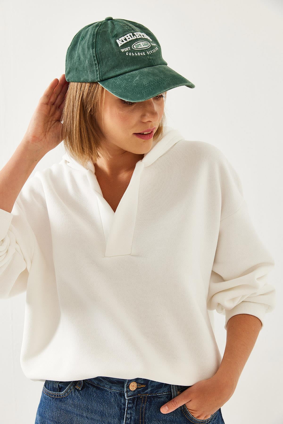 Kapişonlu V Yaka Sweatshirt 60351253 - Beyaz