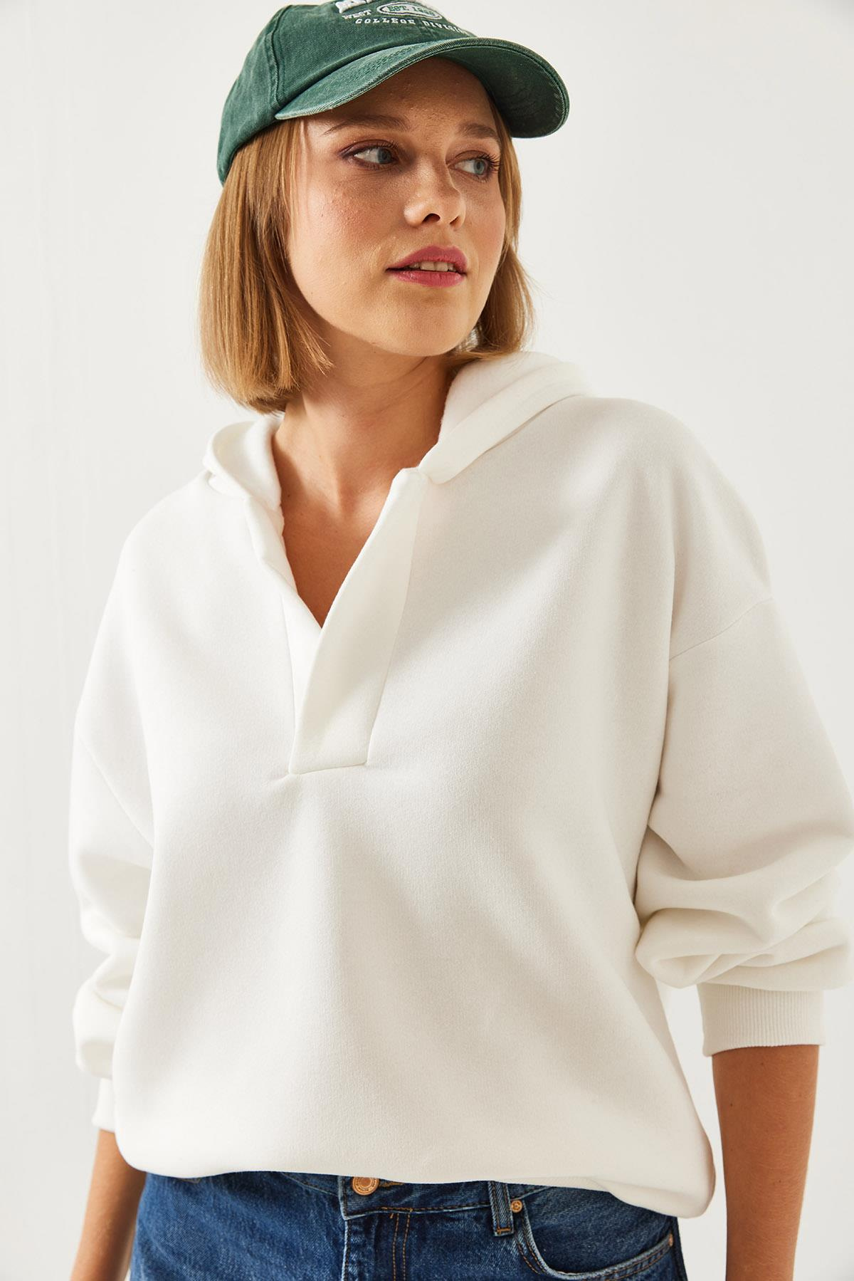 Kapişonlu V Yaka Sweatshirt 60351253 - Beyaz