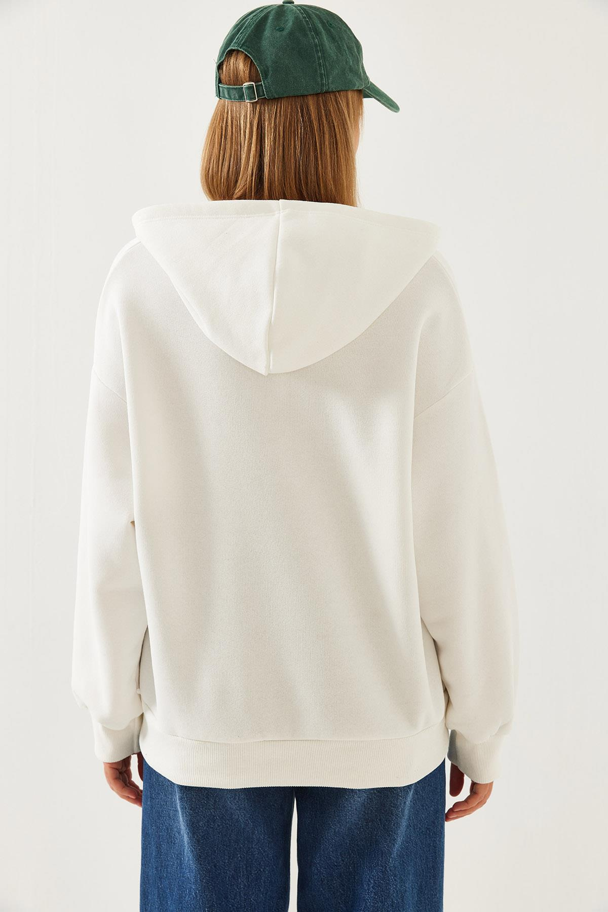 Kapişonlu V Yaka Sweatshirt 60351253 - Beyaz