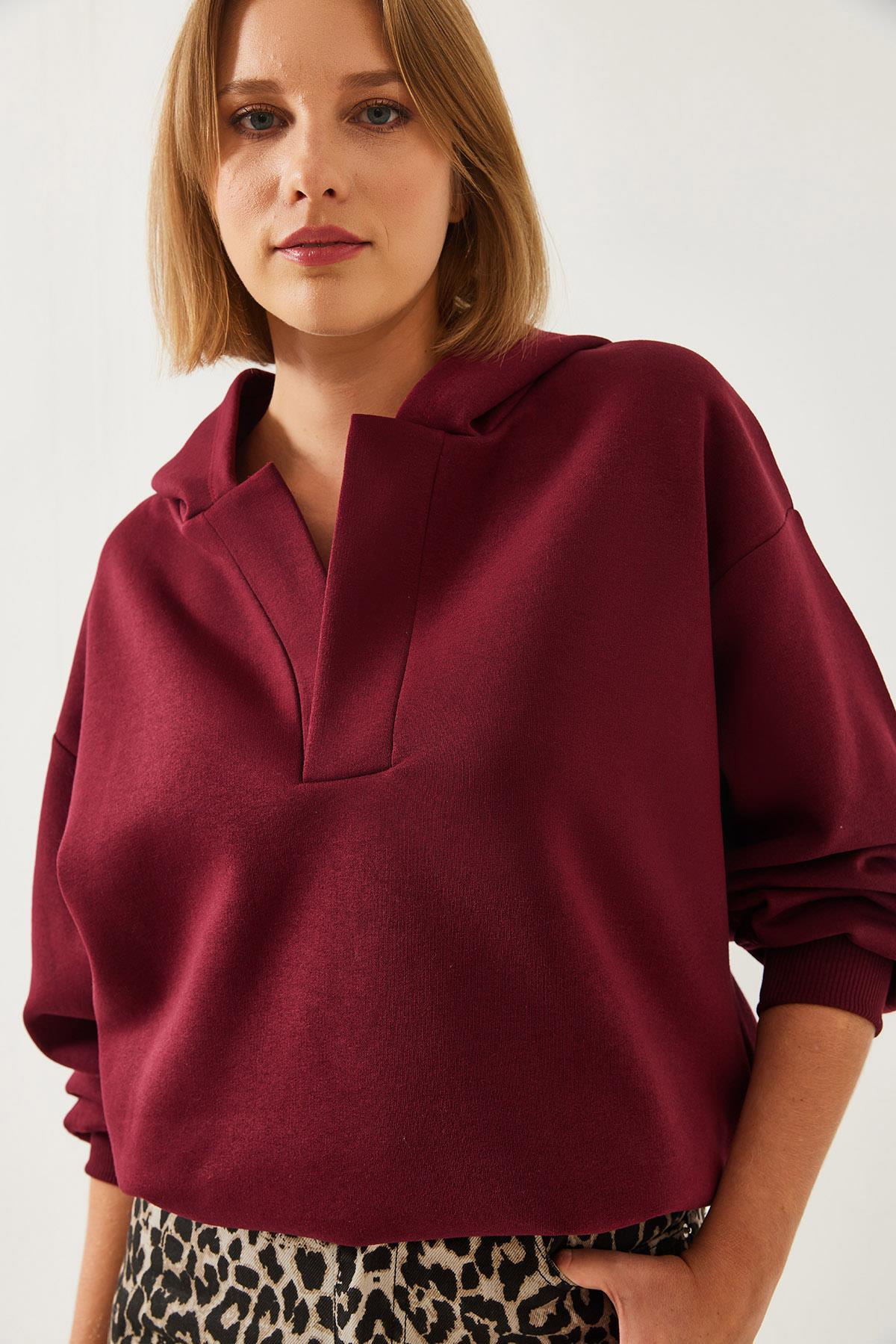Kapişonlu V Yaka Sweatshirt 60351253 - Bordo