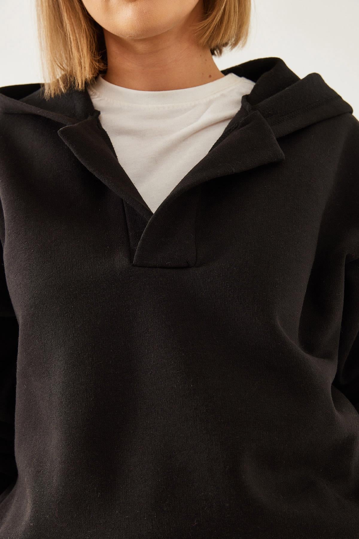 Kapişonlu V Yaka Sweatshirt 60351253 - Siyah