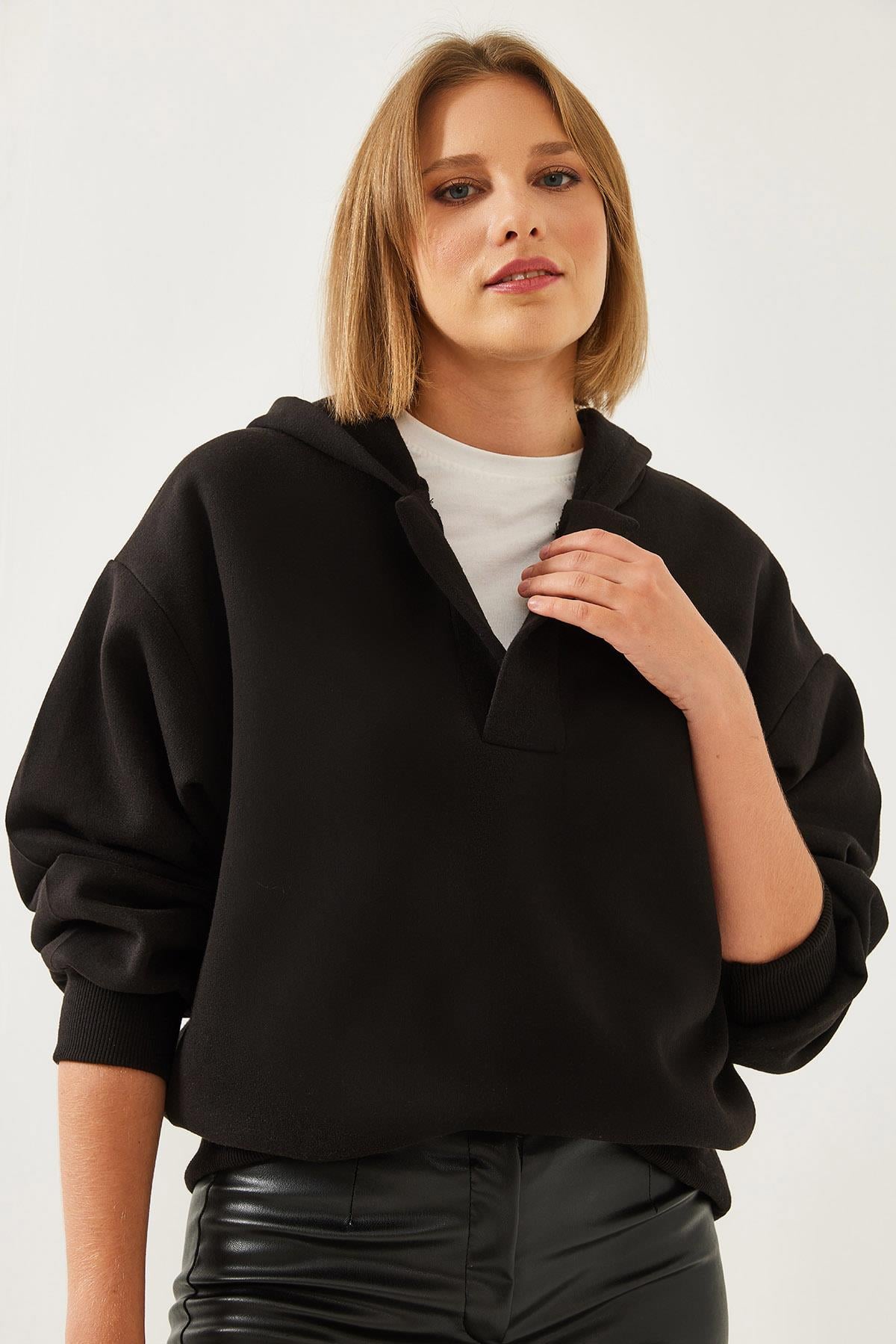 Kapişonlu V Yaka Sweatshirt 60351253 - Siyah