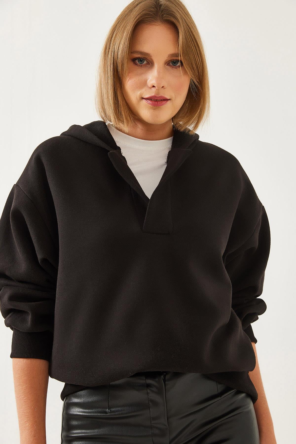 Kapişonlu V Yaka Sweatshirt 60351253 - Siyah