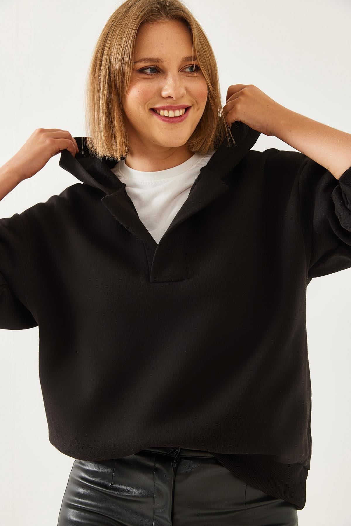 Kapişonlu V Yaka Sweatshirt 60351253 - Siyah