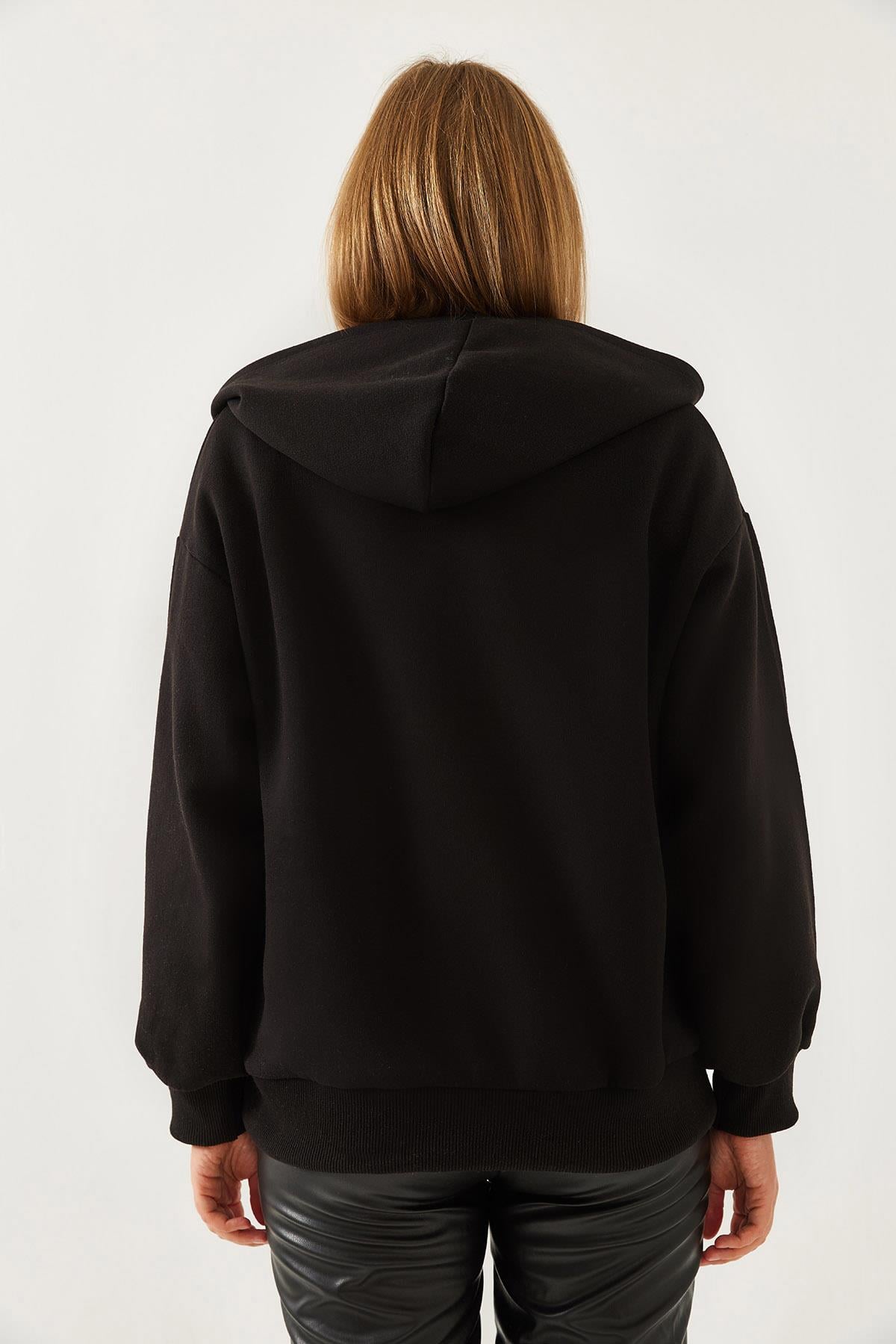 Kapişonlu V Yaka Sweatshirt 60351253 - Siyah