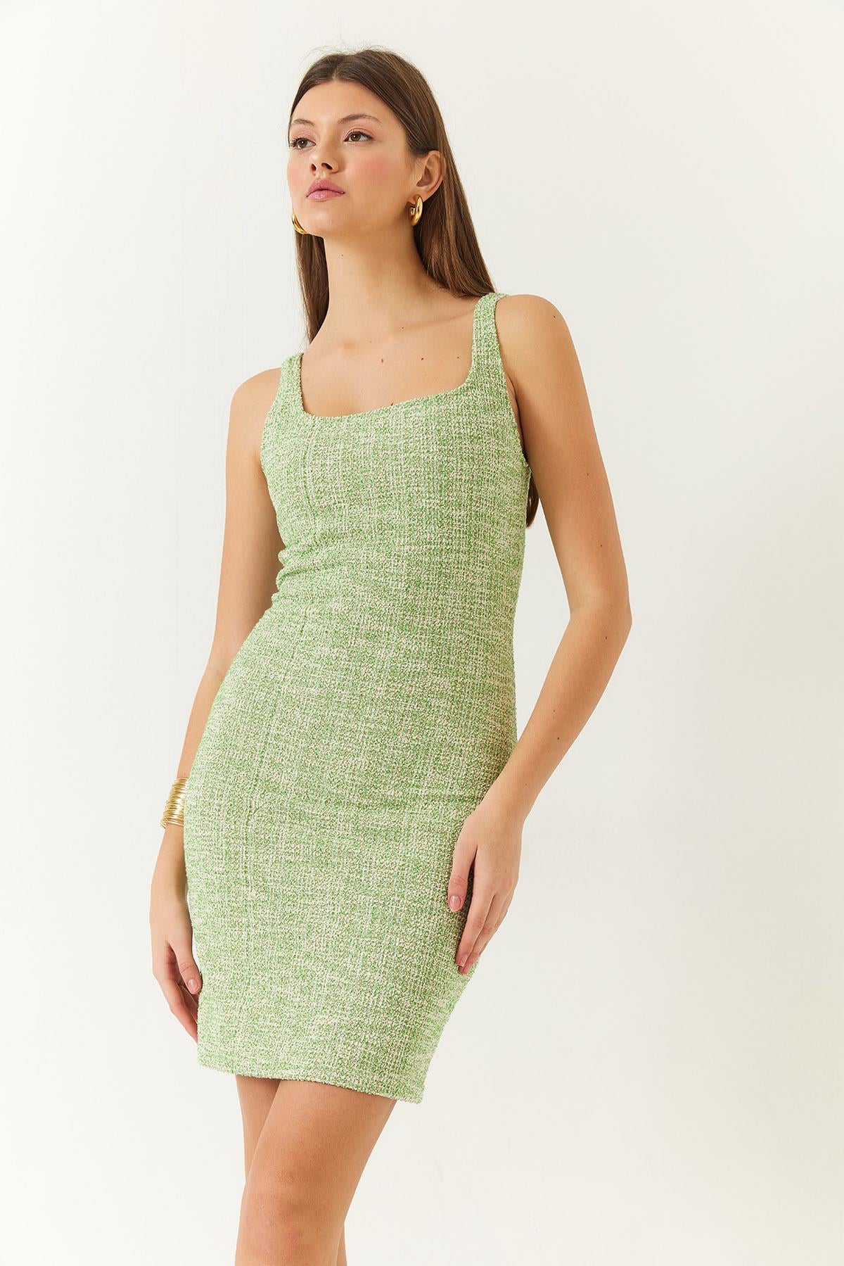 Kare Yaka Tüvit Mini Elbise 60261371 - Yeşil