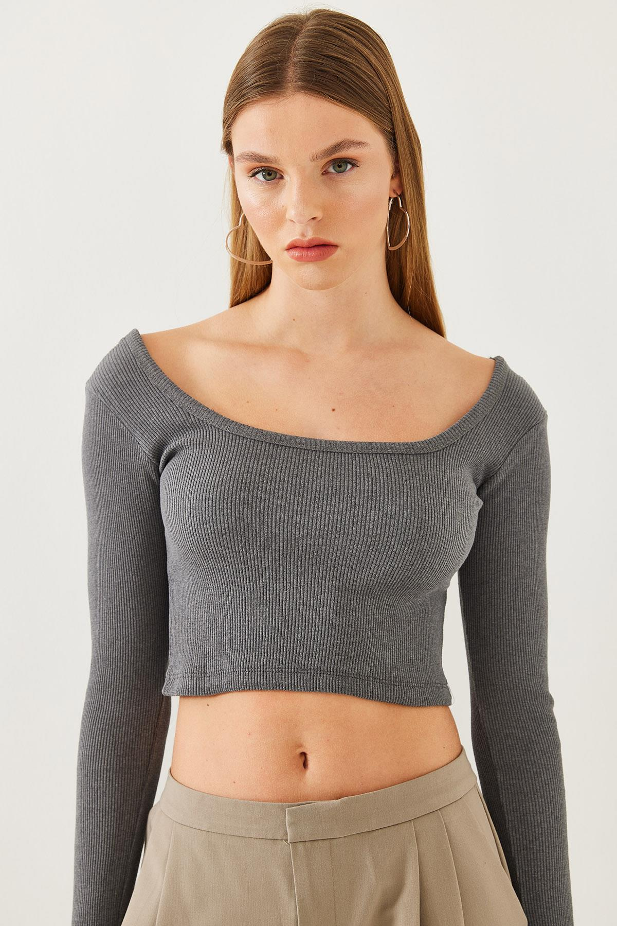 Kare Yaka Uzun Kollu Basic Crop Bluz 2405 60351046 - Antrasit