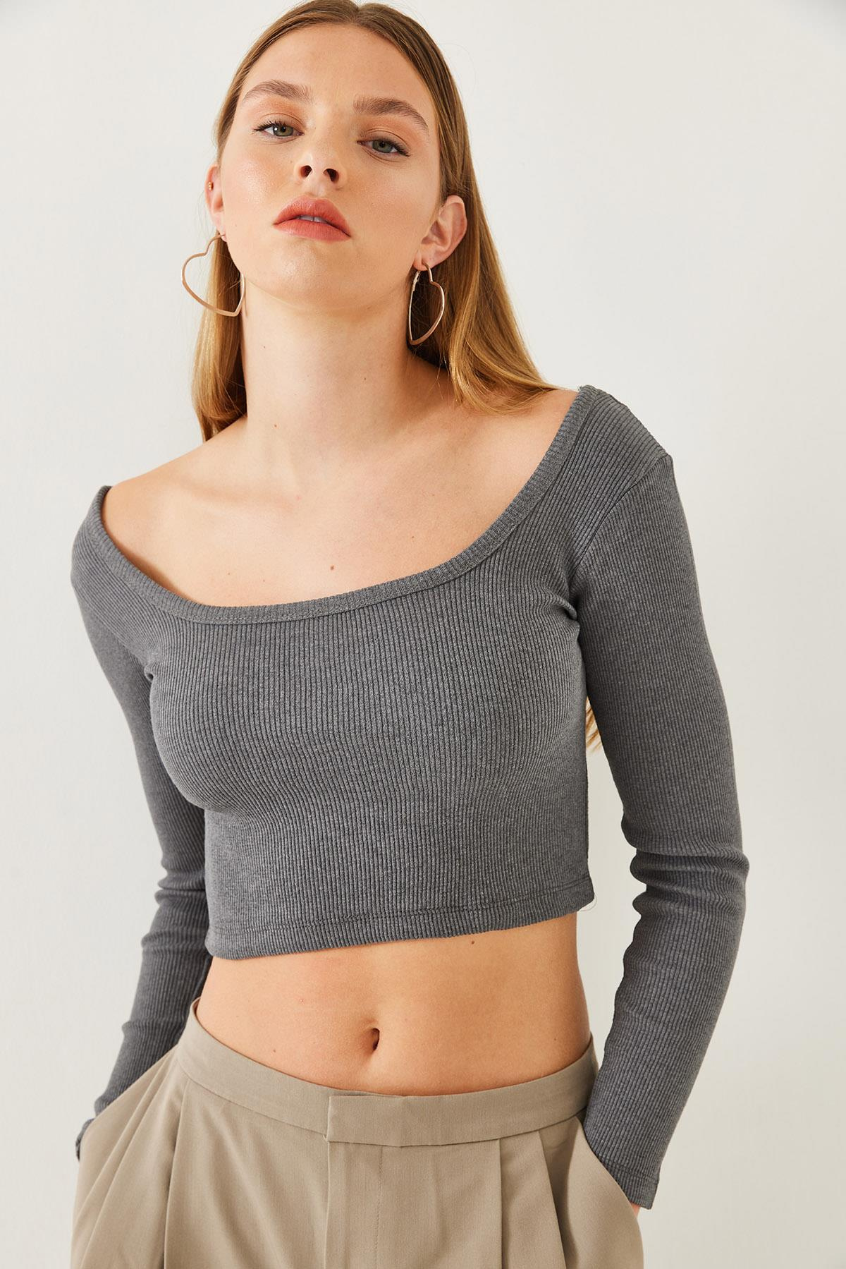 Kare Yaka Uzun Kollu Basic Crop Bluz 2405 60351046 - Antrasit