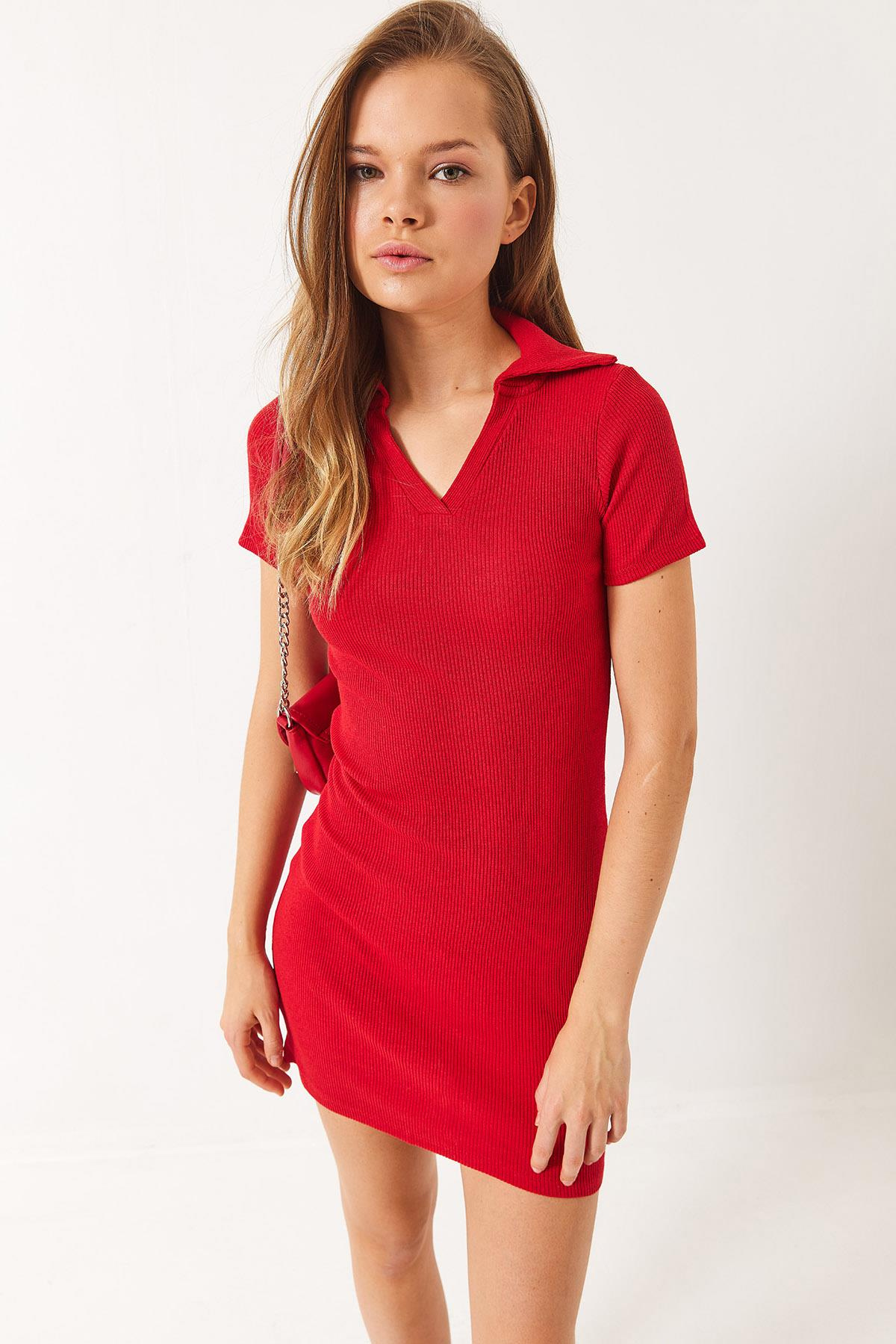 Kaşkorse Polo Yaka Mini Basic Elbise 60284008 - Kırmızı