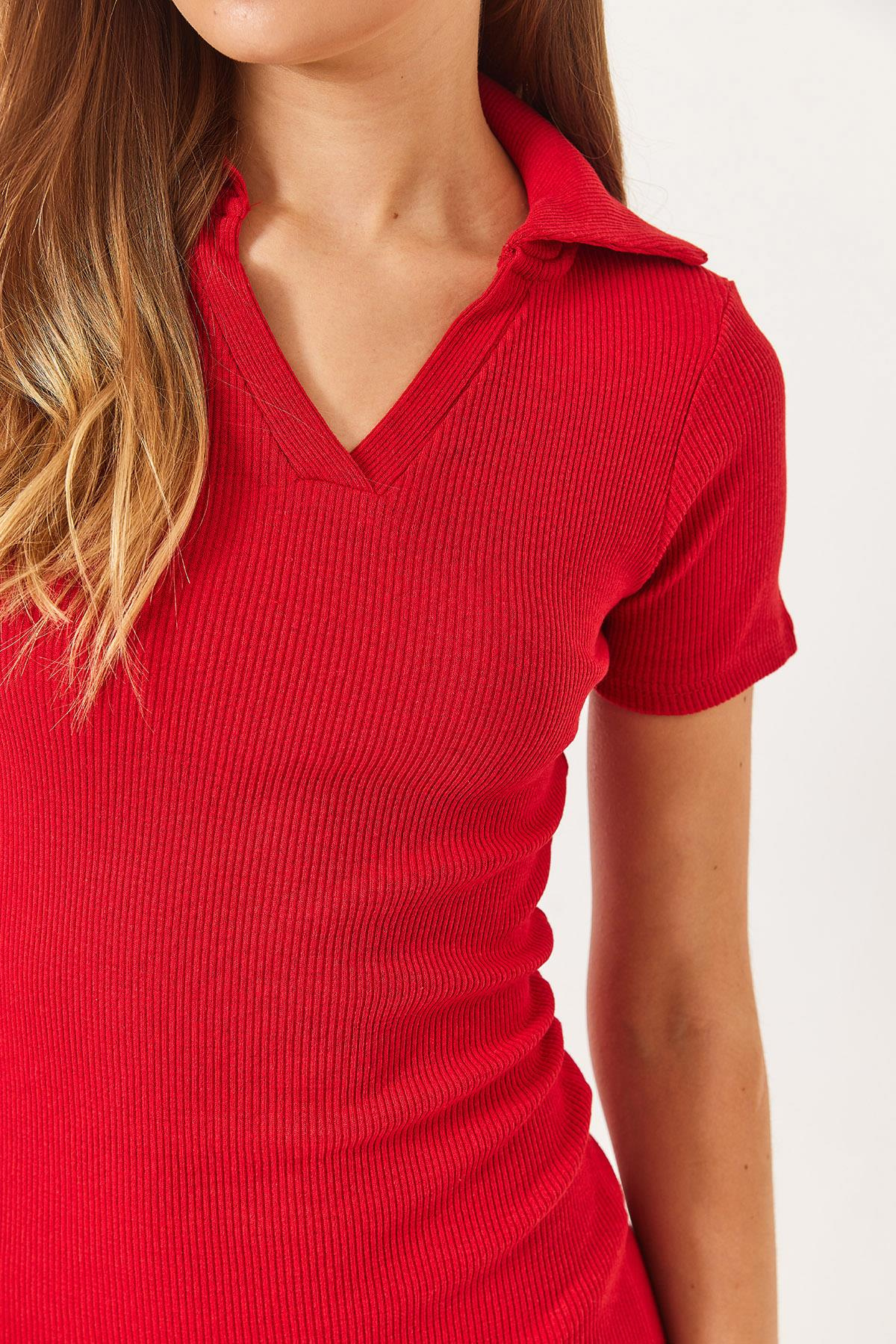 Kaşkorse Polo Yaka Mini Basic Elbise 60284008 - Kırmızı
