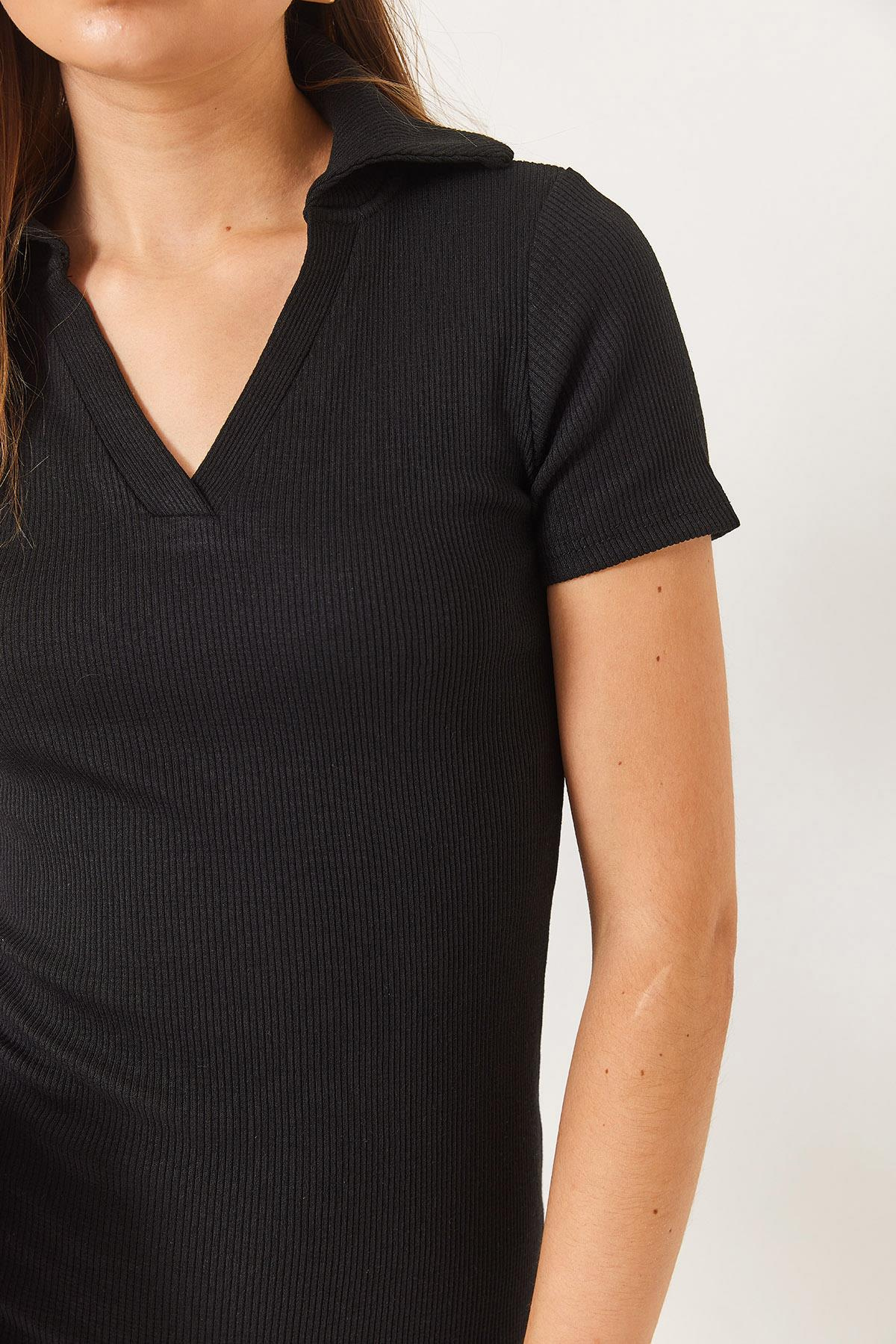 Kaşkorse Polo Yaka Mini Basic Elbise 60284008 - Siyah