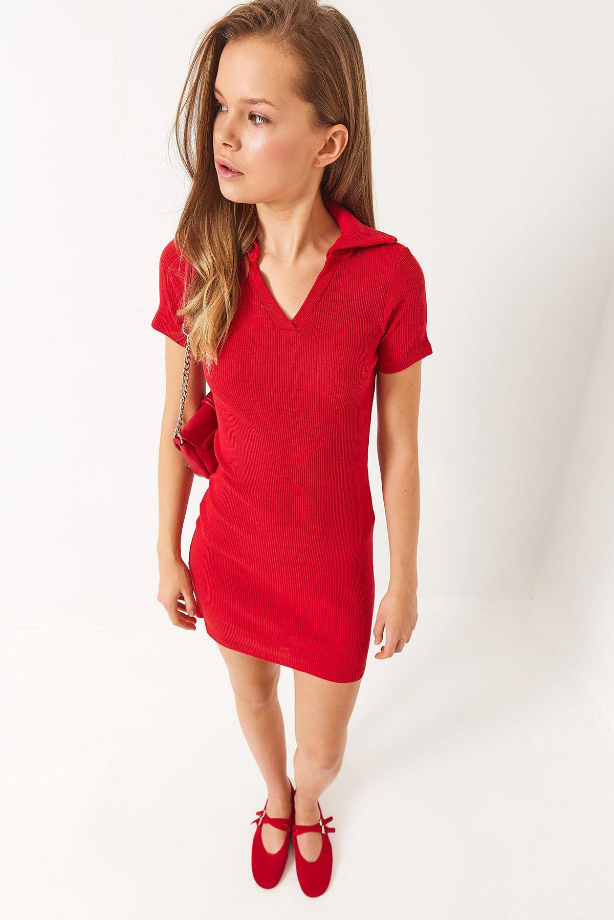 Kaşkorse Polo Yaka Mini Basic Elbise 60284008 - Kırmızı