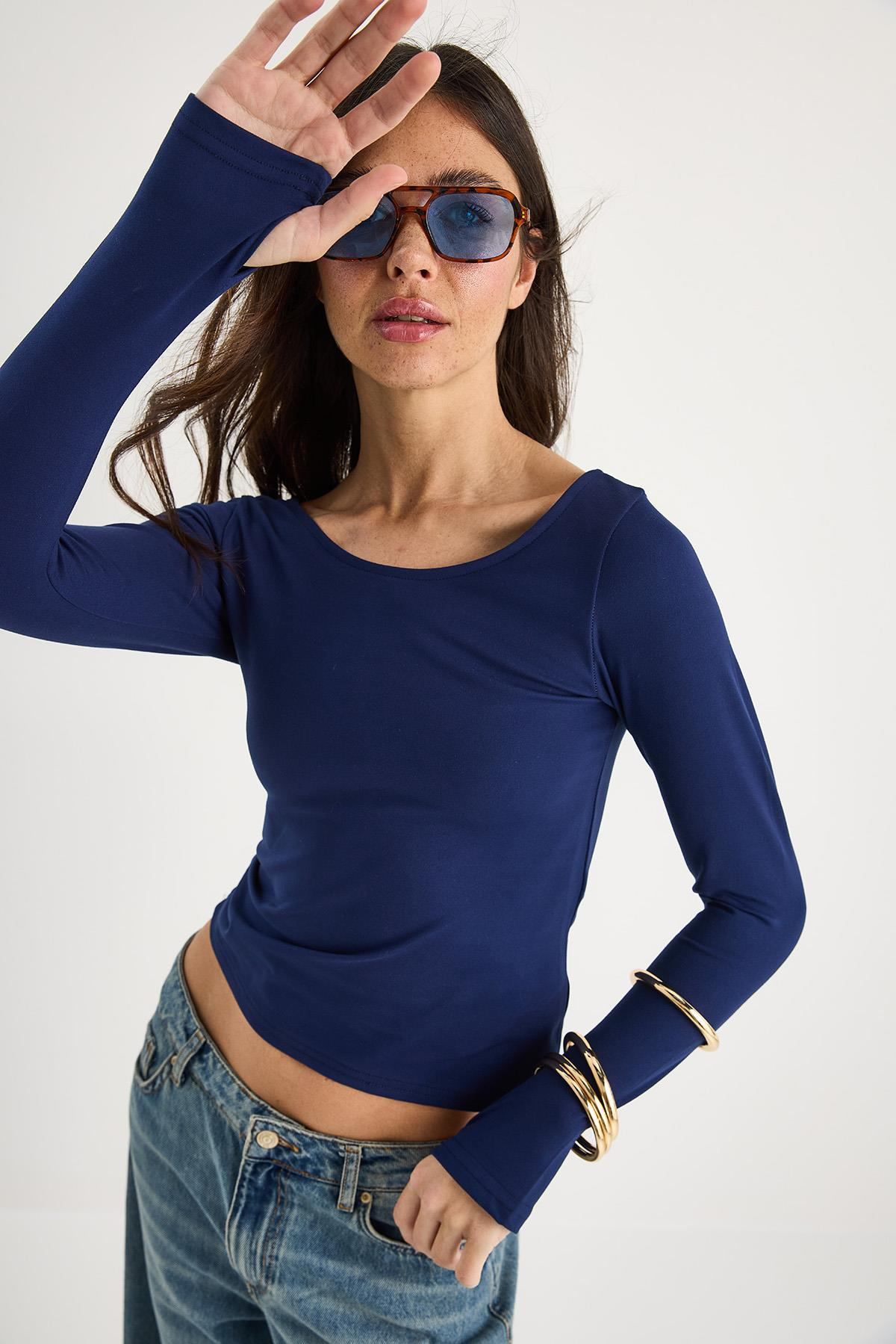 Kayık Yaka Parmak Geçirmeli Basic Bluz 0242 60284029 - Lacivert