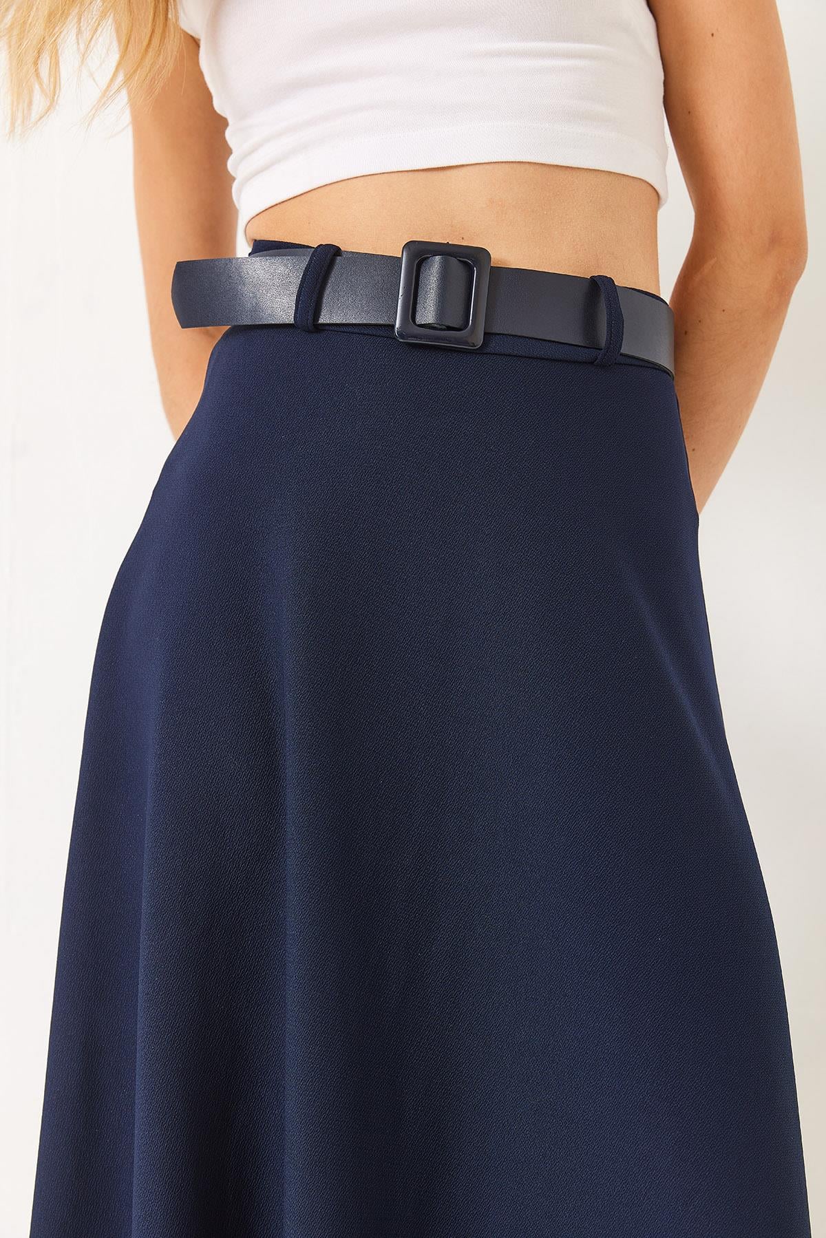 Kemerli Kloş Örme Maxi Boy Etek 7160 60281016 - Lacivert