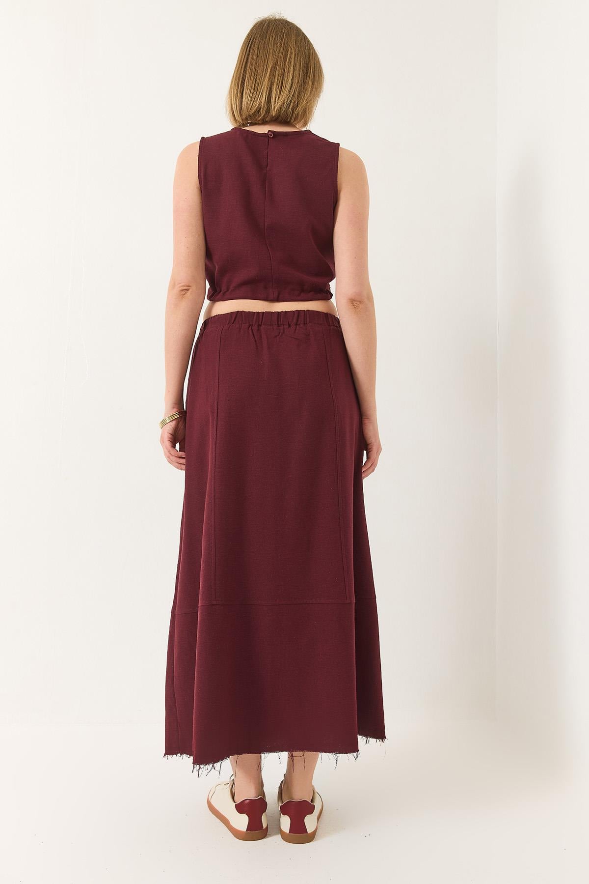 Keten Beli Bağlamalı Bluz Cep Detaylı Etek Alt-Üst Takım 9292 60281023 - Bordo