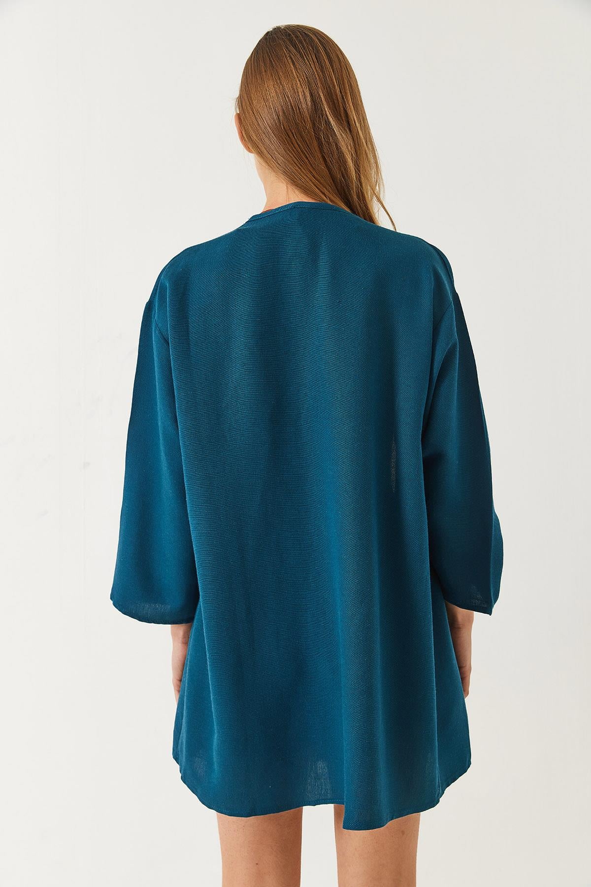 Keten Dokulu Kısa Basic Kimono 60261496 - Petrol