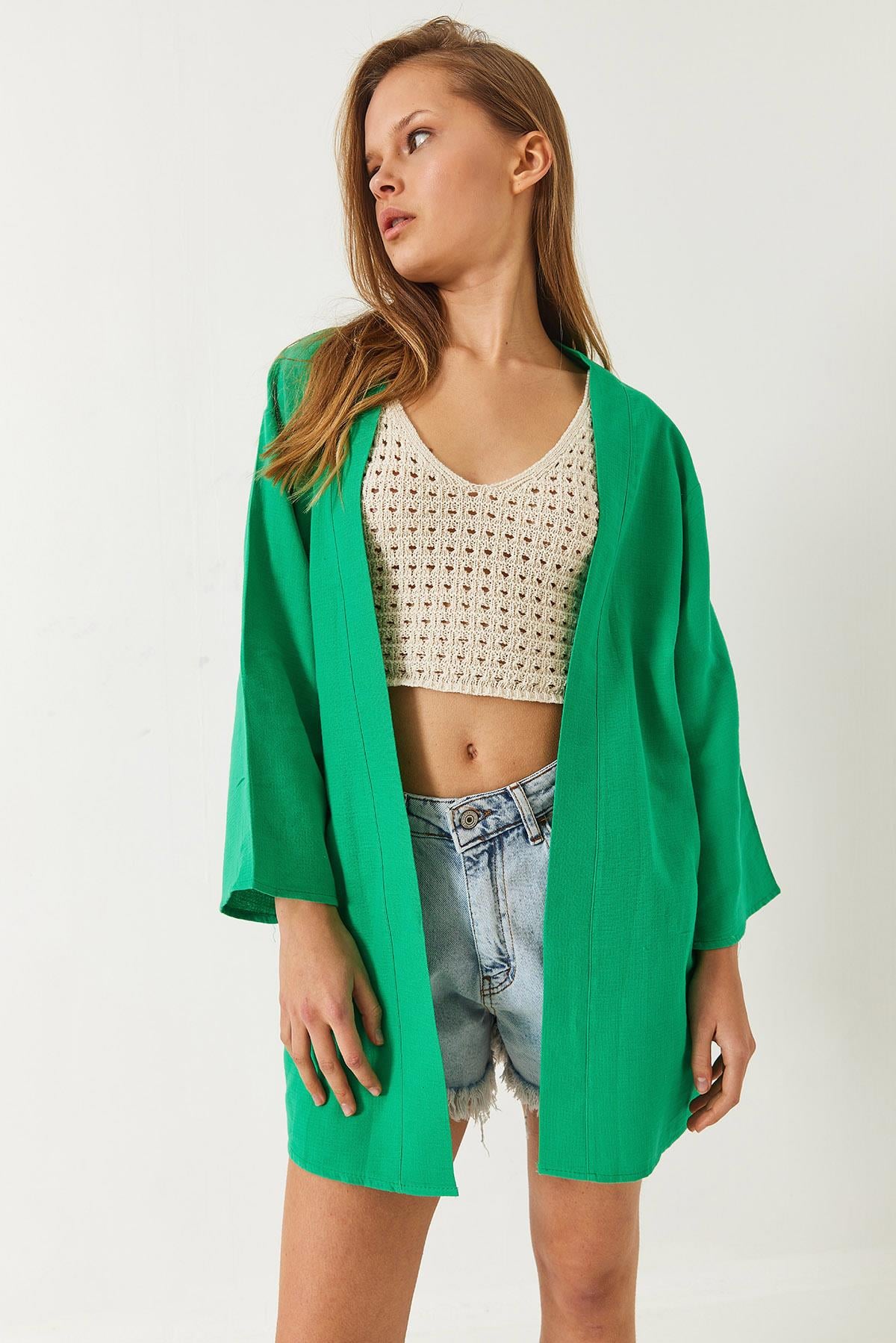 Keten Dokulu Kısa Basic Kimono 60261496 - Yeşil