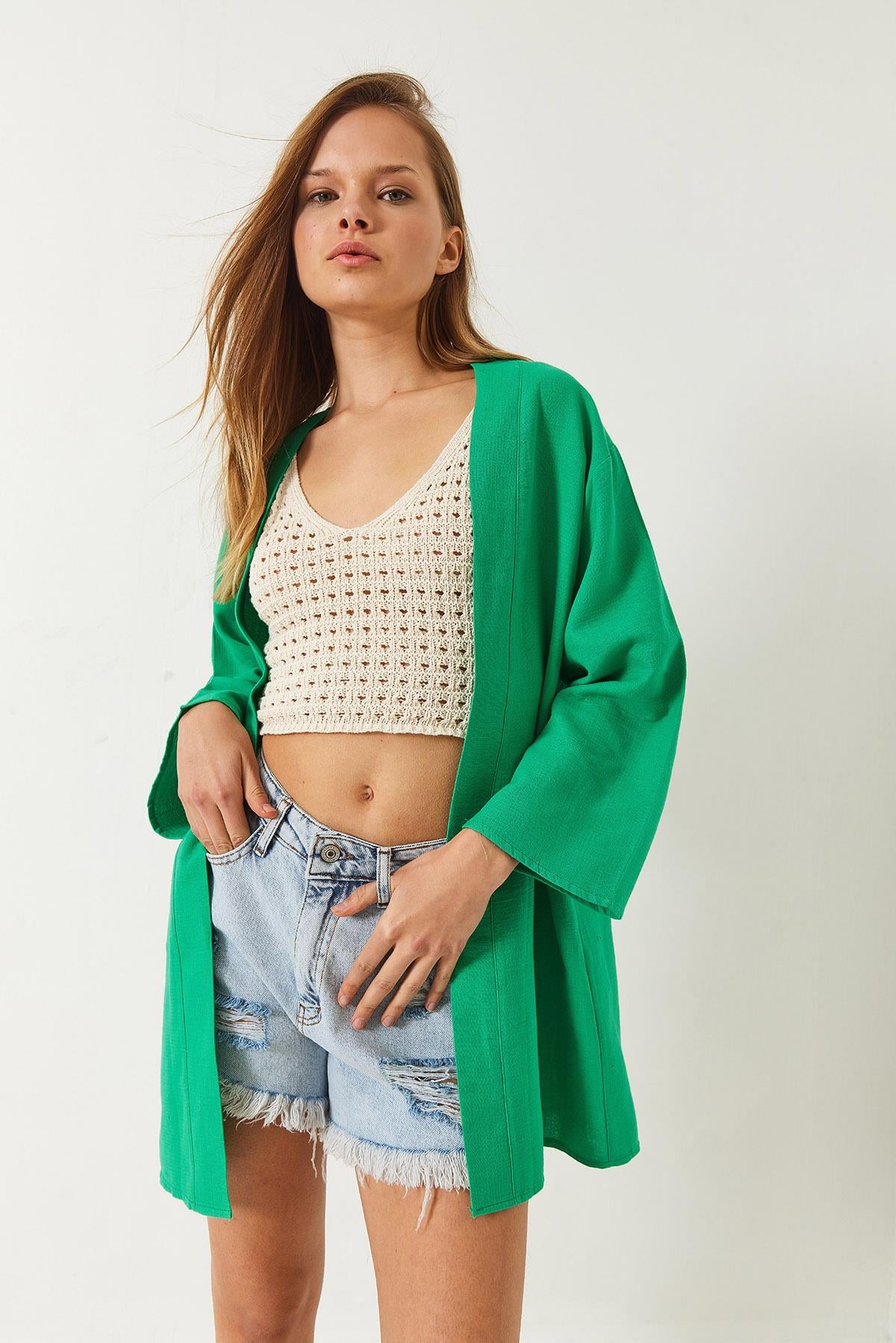 Keten Dokulu Kısa Basic Kimono 60261496 - Yeşil
