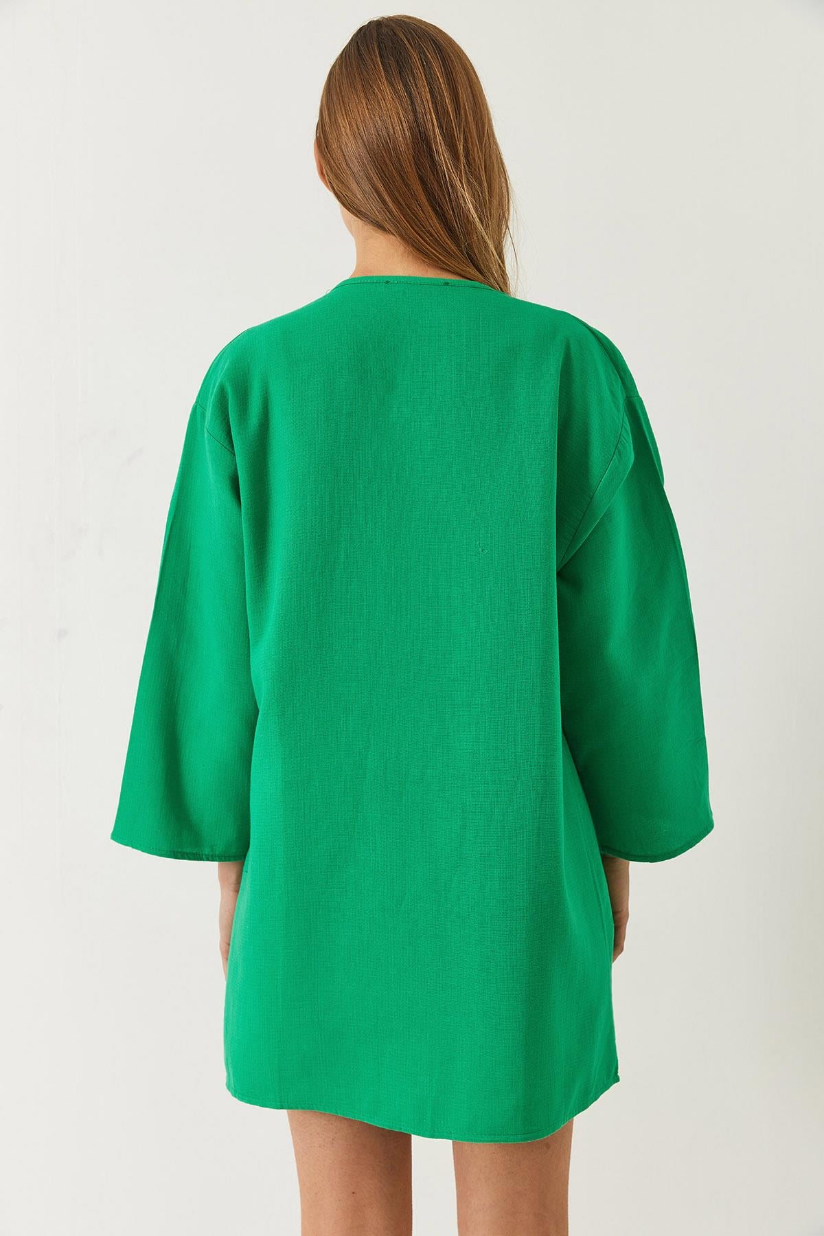 Keten Dokulu Kısa Basic Kimono 60261496 - Yeşil