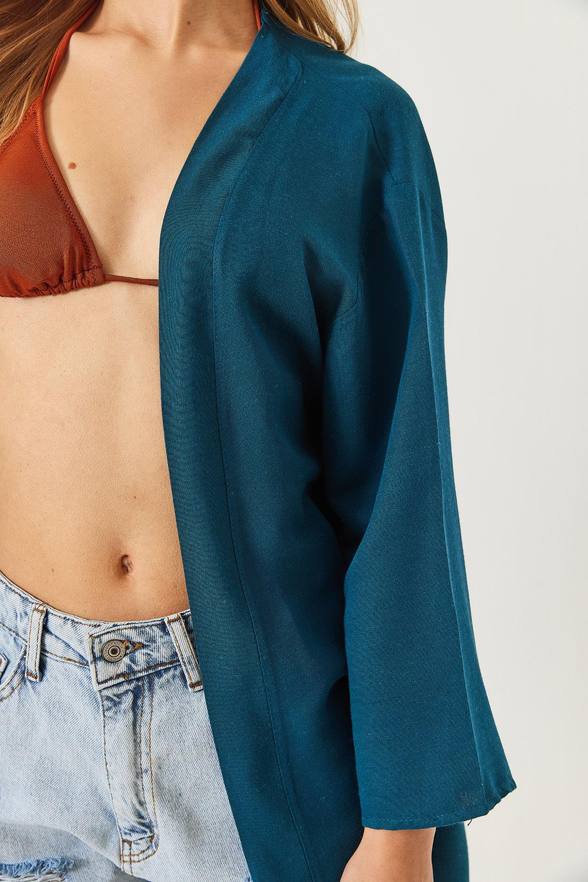 Keten Dokulu Kısa Basic Kimono 60261496 - Petrol