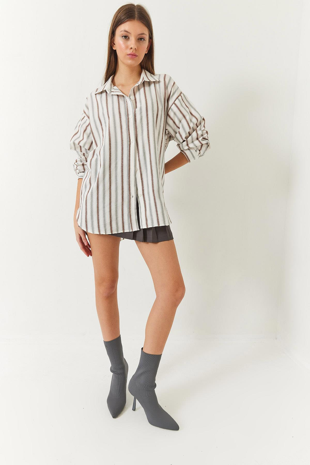 Keten Oversize Çizgili Basic Gömlek 60261417 - Kahve