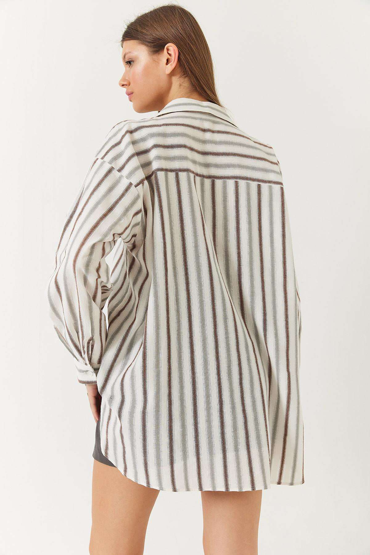 Keten Oversize Çizgili Basic Gömlek 60261417 - Kahve