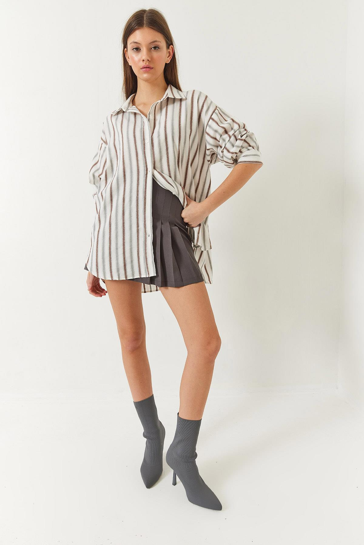 Keten Oversize Çizgili Basic Gömlek 60261417 - Kahve