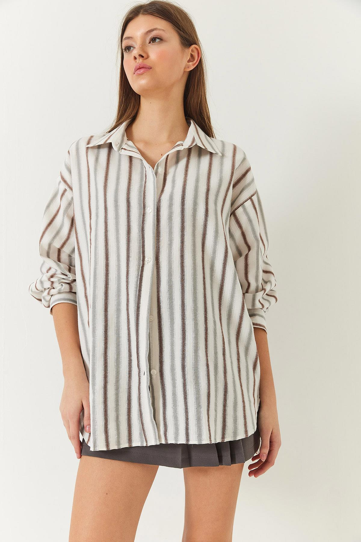 Keten Oversize Çizgili Basic Gömlek 60261417 - Kahve