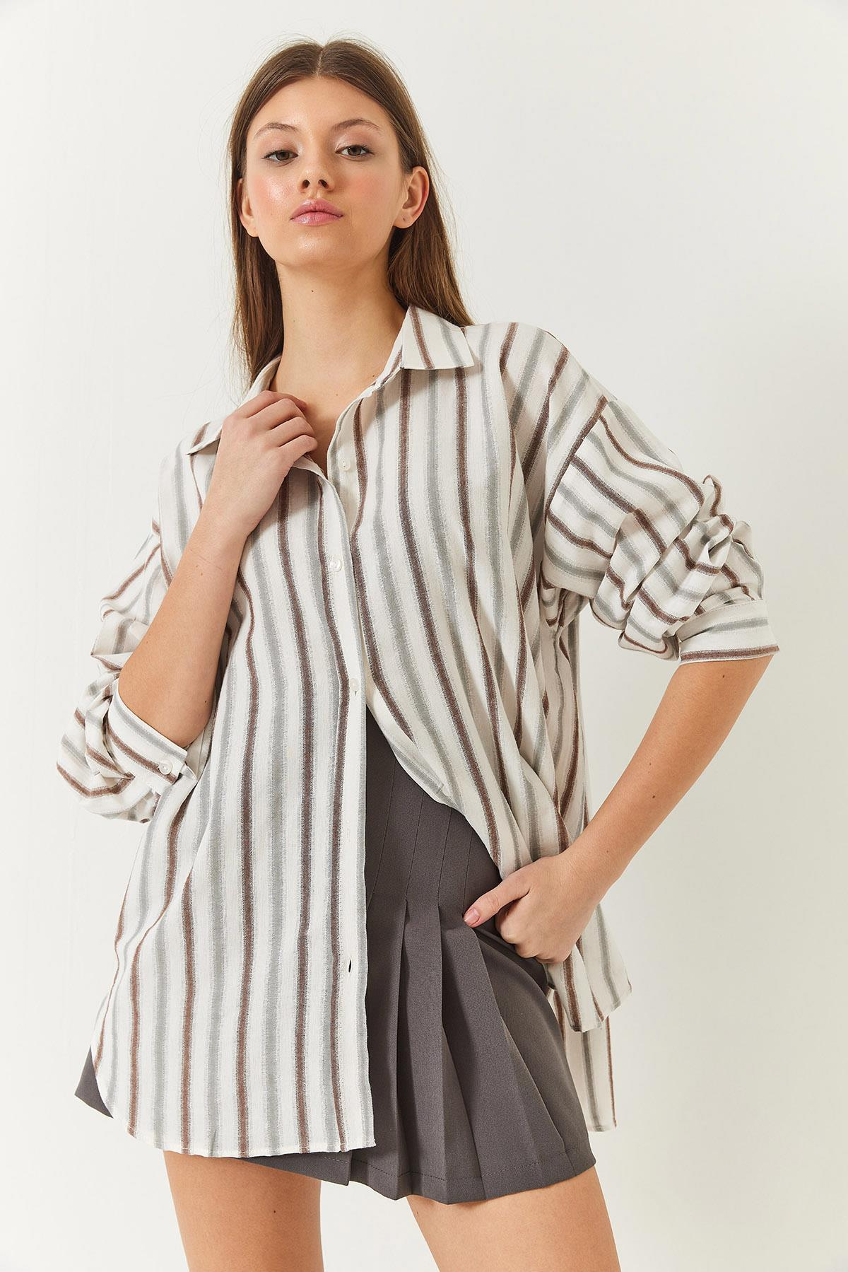 Keten Oversize Çizgili Basic Gömlek 60261417 - Kahve