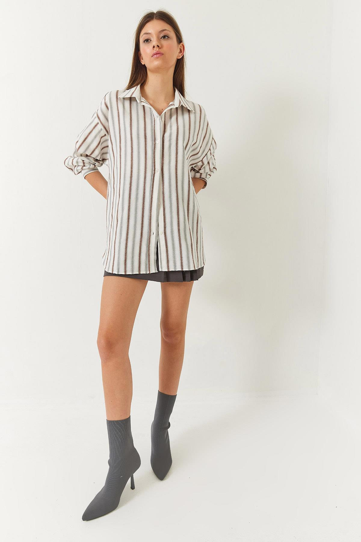 Keten Oversize Çizgili Basic Gömlek 60261417 - Kahve