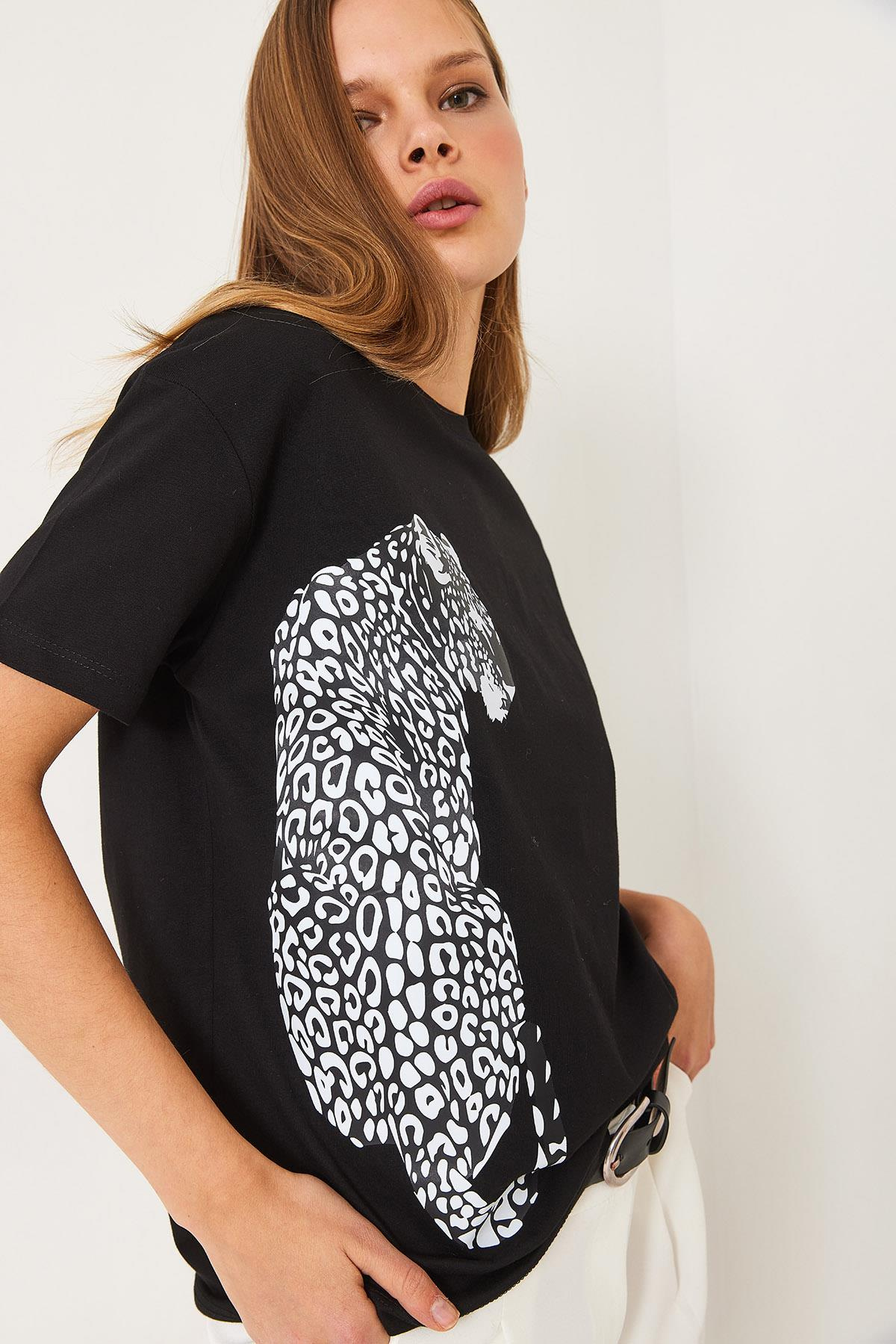Kısa Kollu Aslan Baskılı Basic T-Shirt 60602014 - Siyah