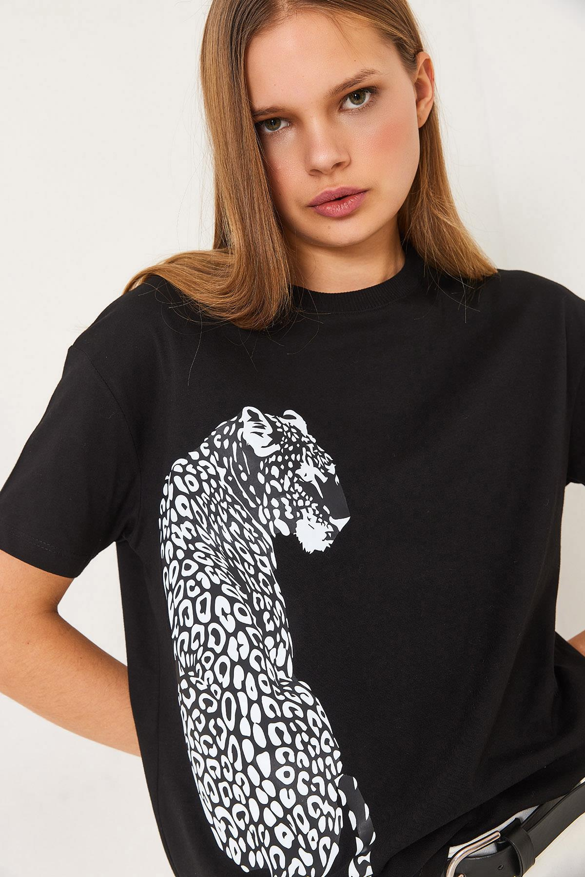 Kısa Kollu Aslan Baskılı Basic T-Shirt 60602014 - Siyah