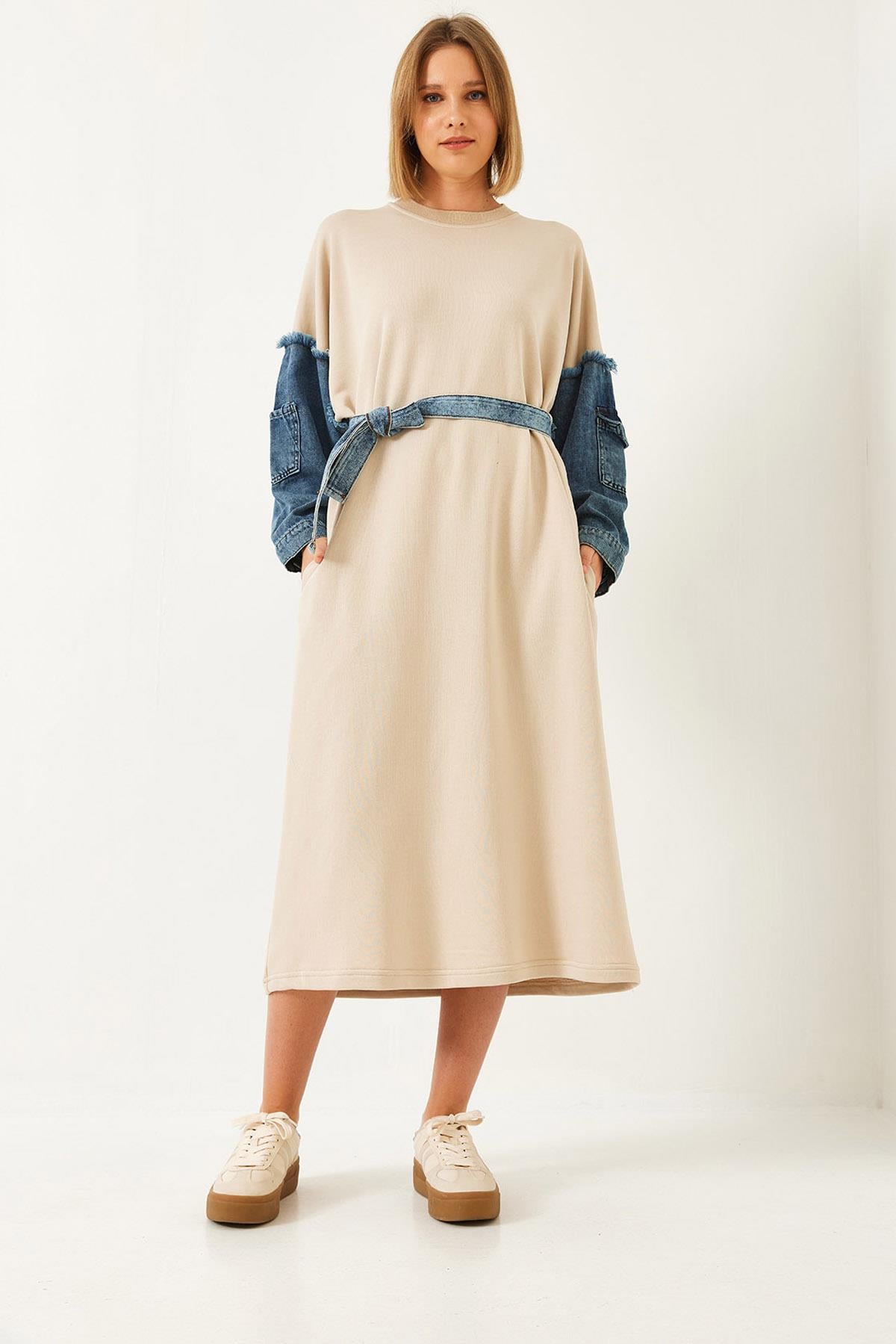 Kolları Denim Detaylı Elbise 8083 60351247 - Bej