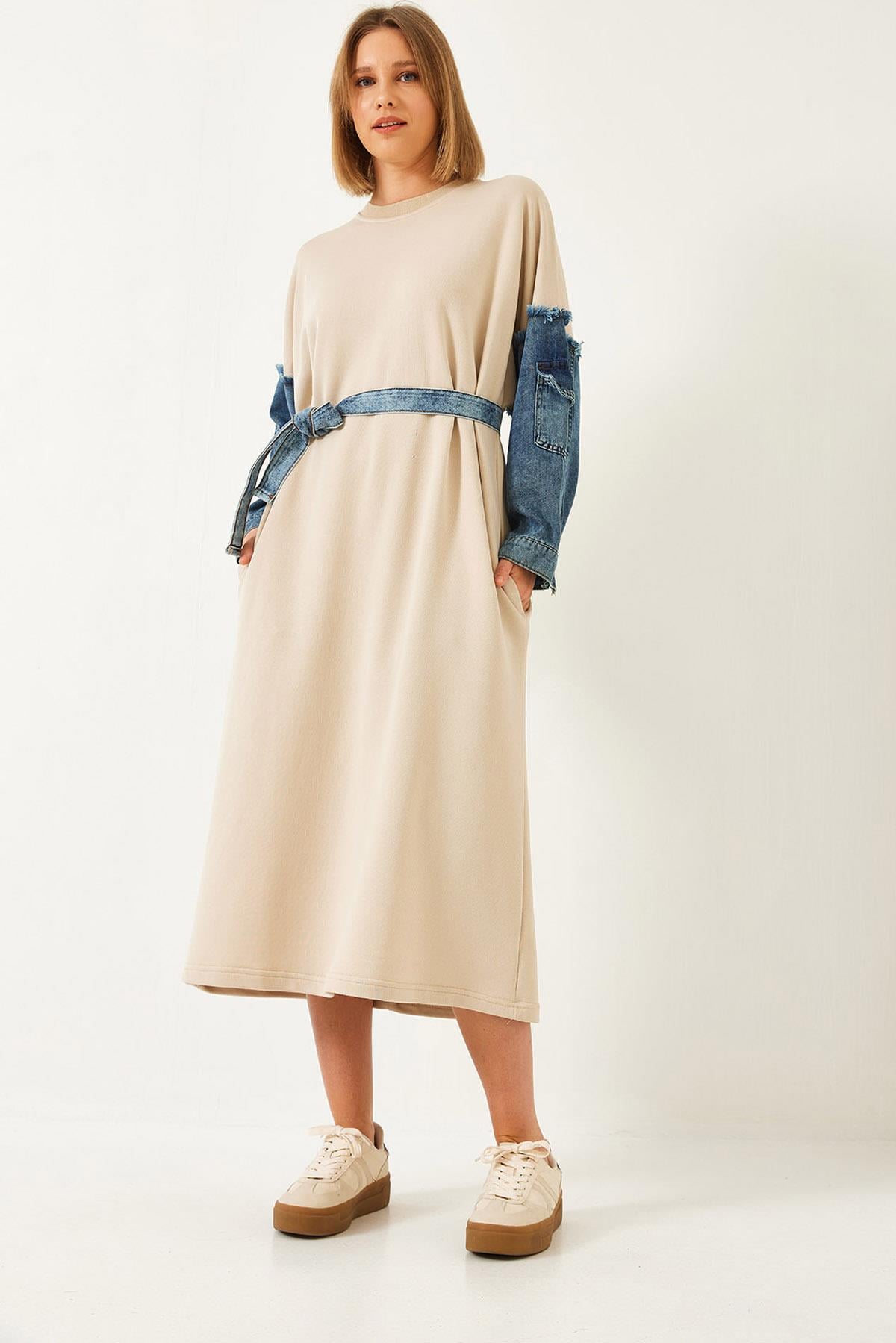 Kolları Denim Detaylı Elbise 8083 60351247 - Bej