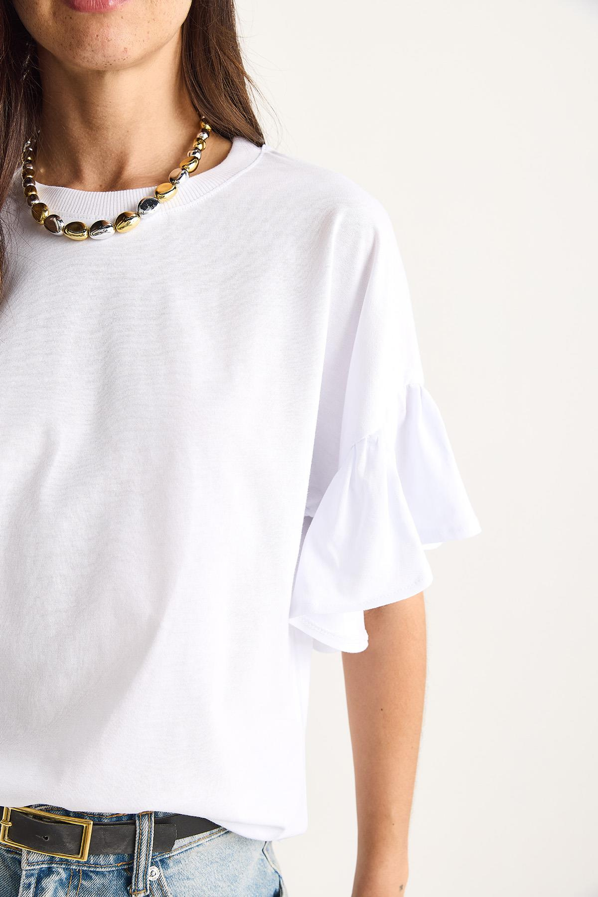 Kolları Fırfırlı Bisiklet Yaka Pamuklu T-Shirt 60602074 - Beyaz