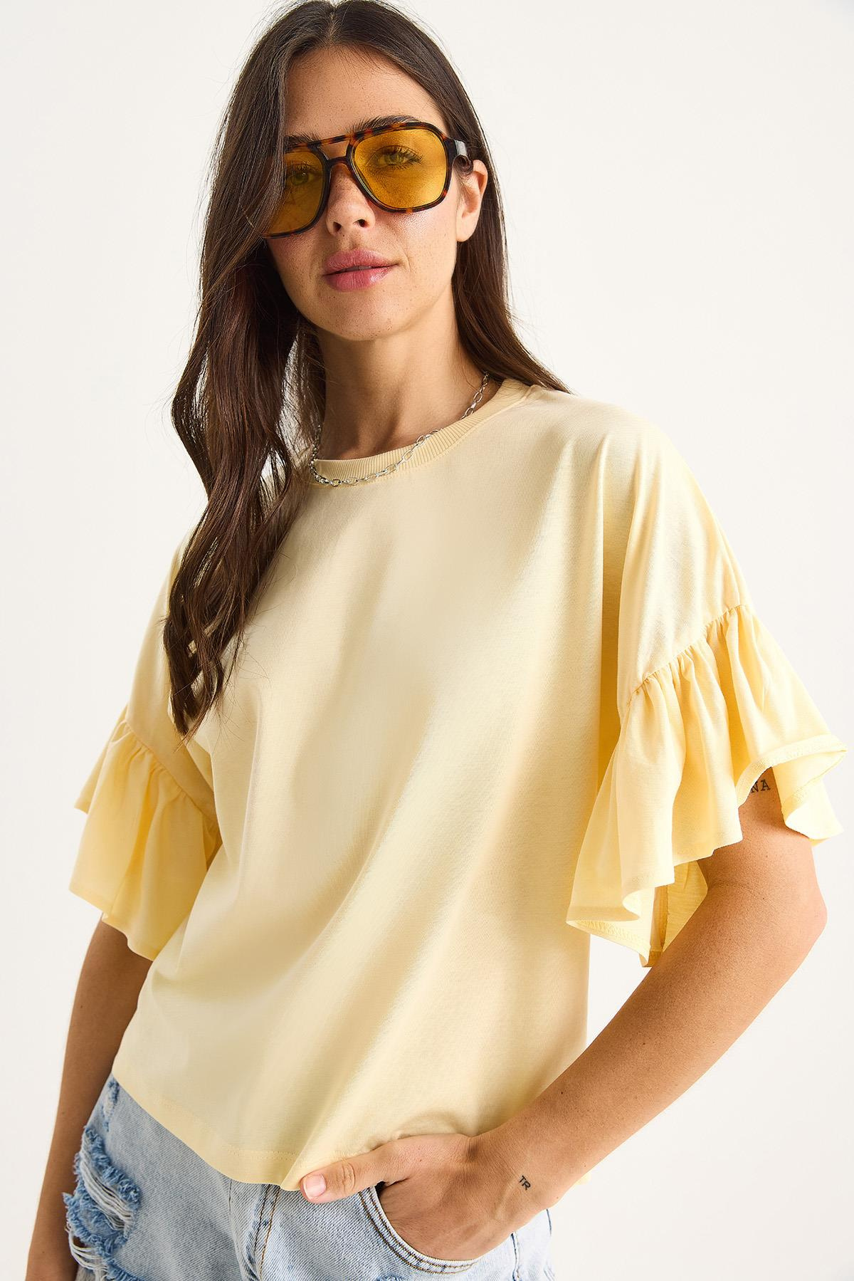 Kolları Fırfırlı Bisiklet Yaka Pamuklu T-Shirt 60602074 - Tereyağ