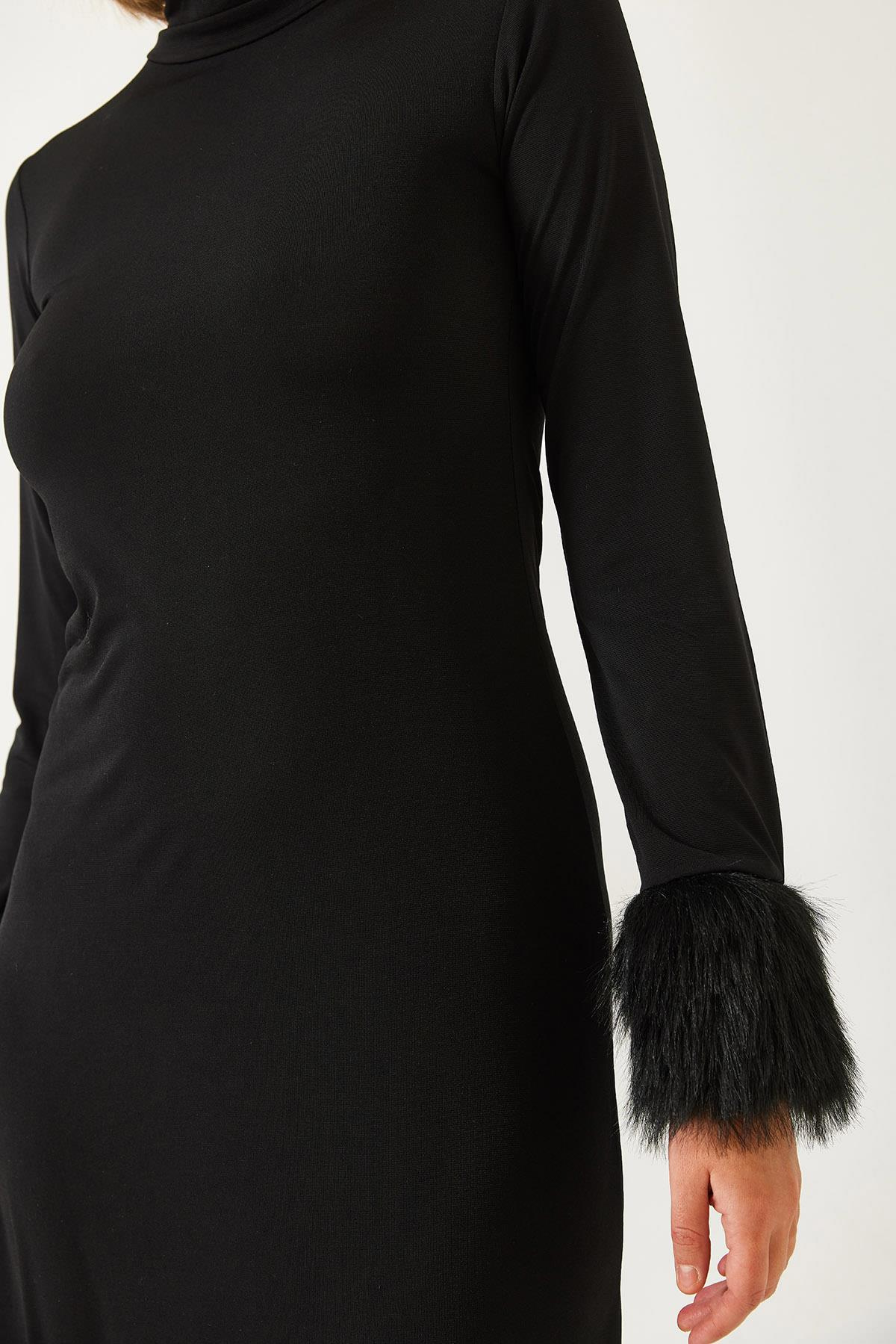 Kolları Peluş Detay Basic Uzun Elbise 60261135 - Siyah