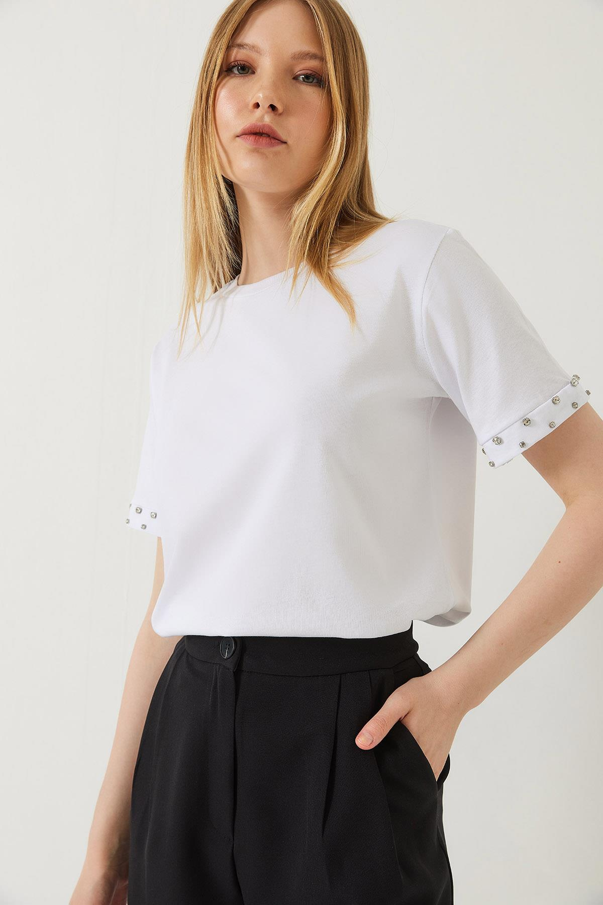 Kolları Taş İşlemeli Tshirt 60602002 - Beyaz