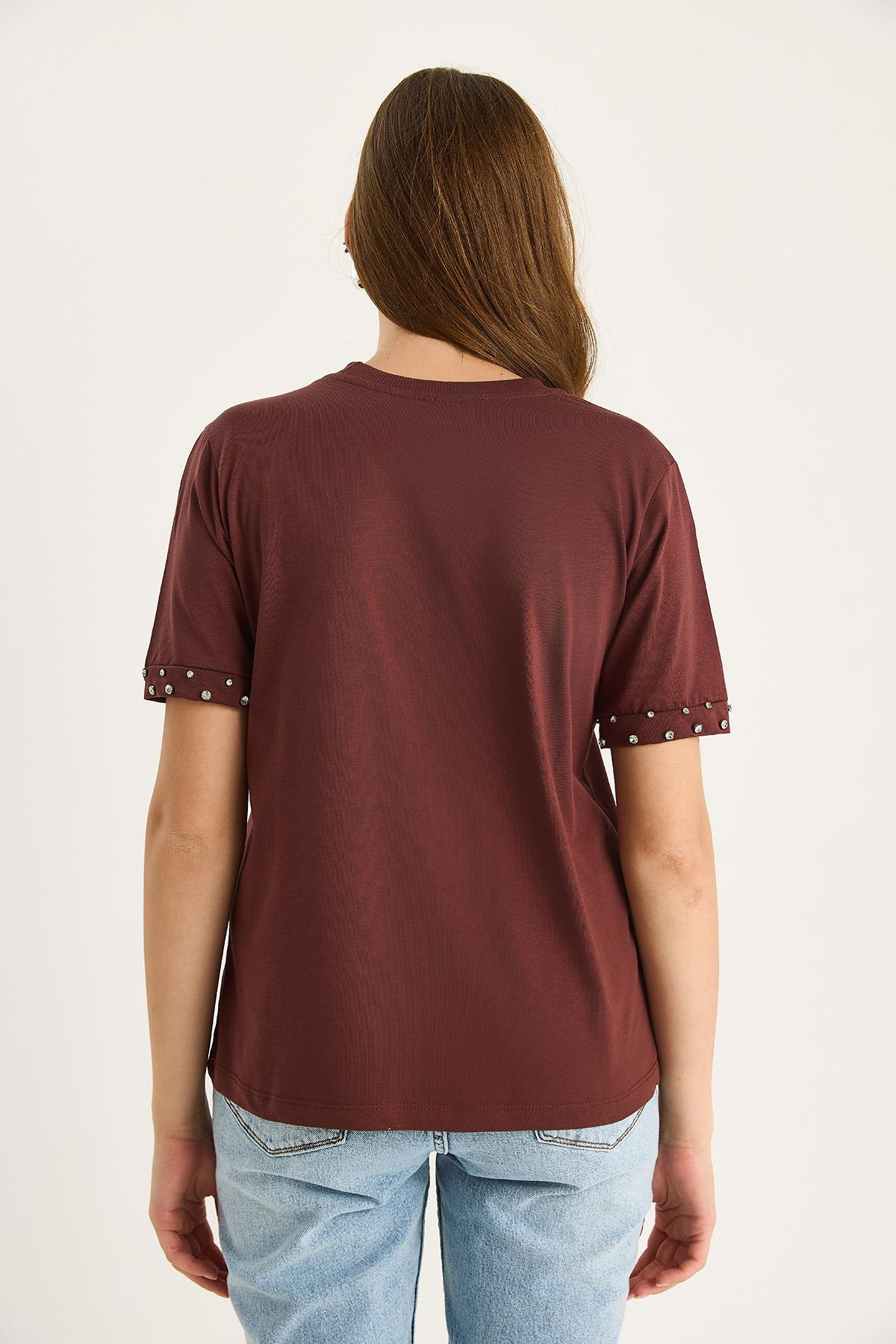 Kolları Taş İşlemeli Tshirt 60602002 - Kahve