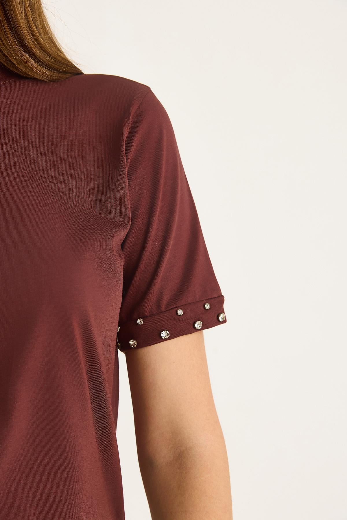 Kolları Taş İşlemeli Tshirt 60602002 - Kahve