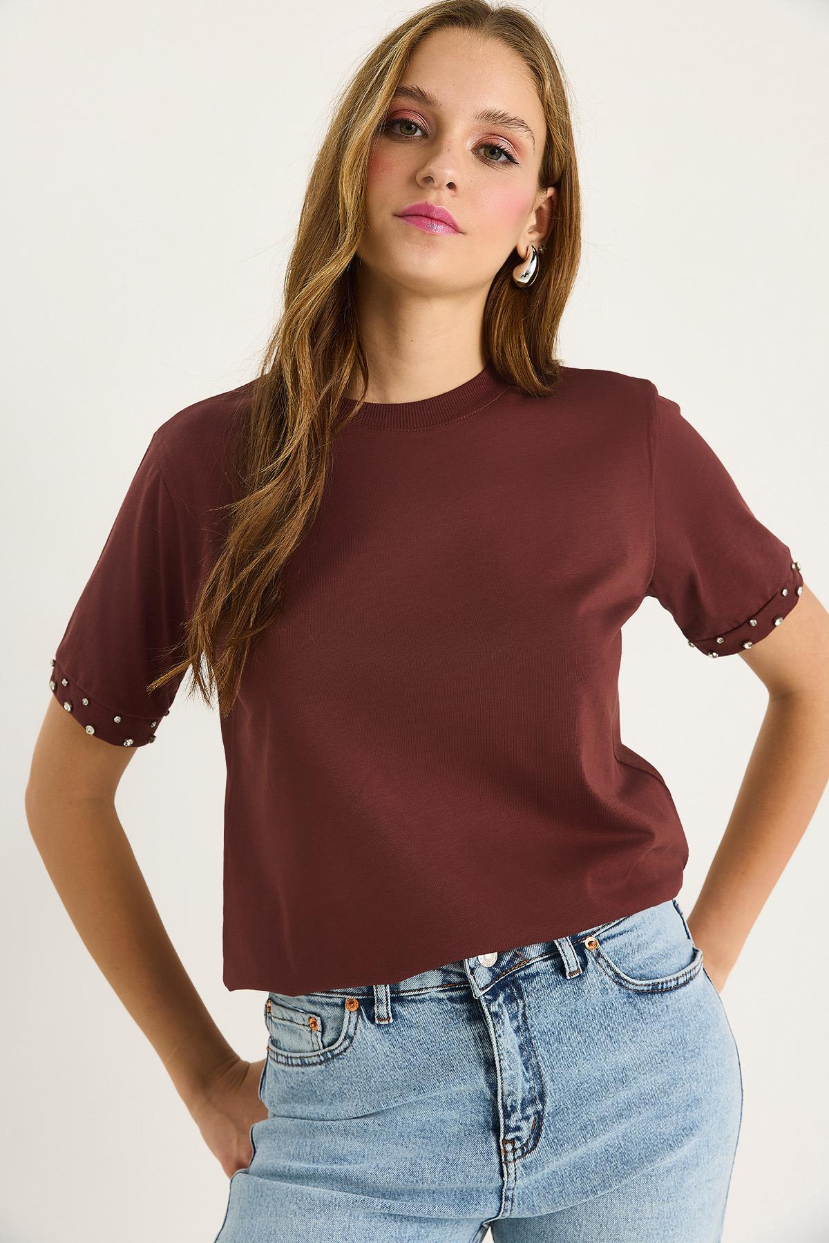 Kolları Taş İşlemeli Tshirt 60602002 - Kahve
