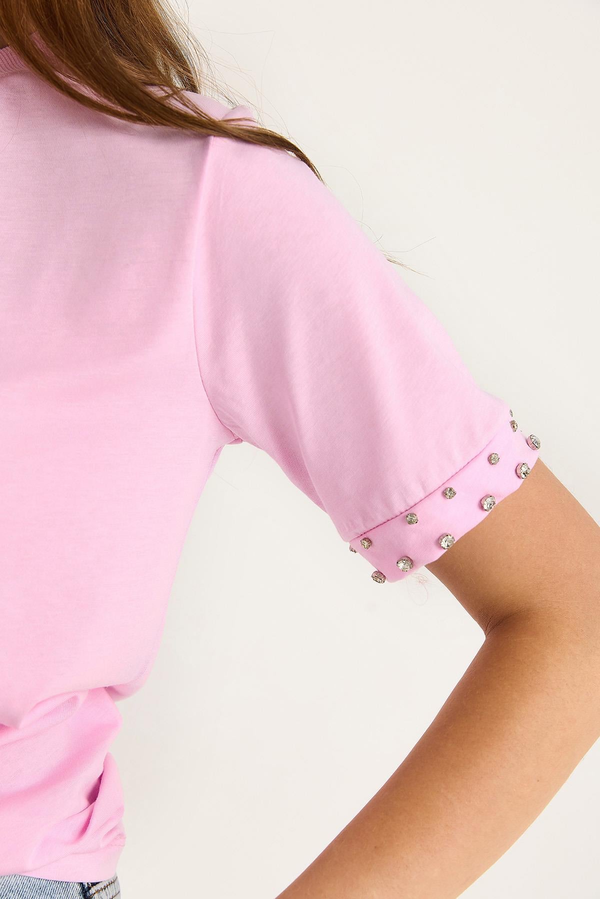 Kolları Taş İşlemeli Tshirt 60602002 - Pembe