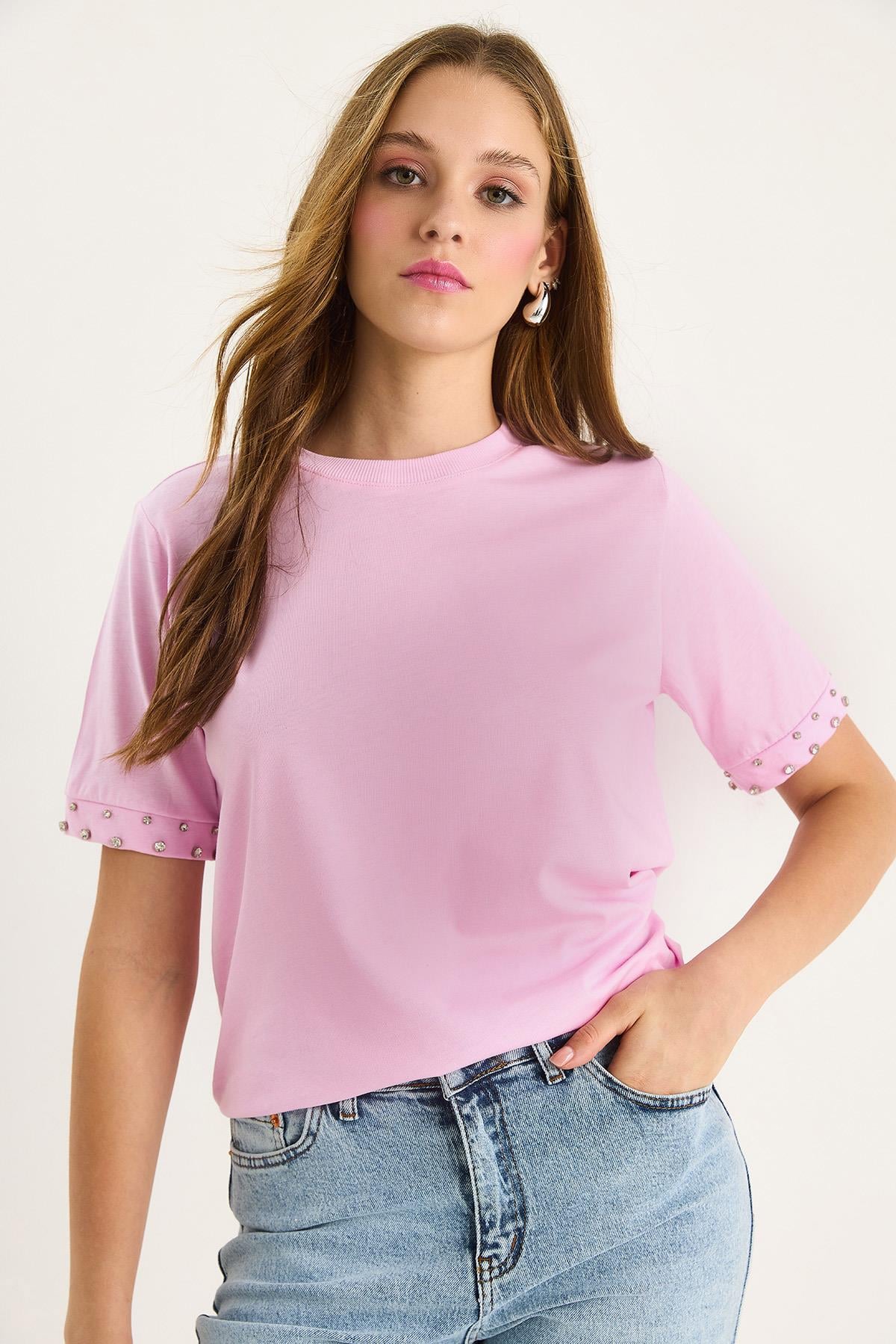 Kolları Taş İşlemeli Tshirt 60602002 - Pembe