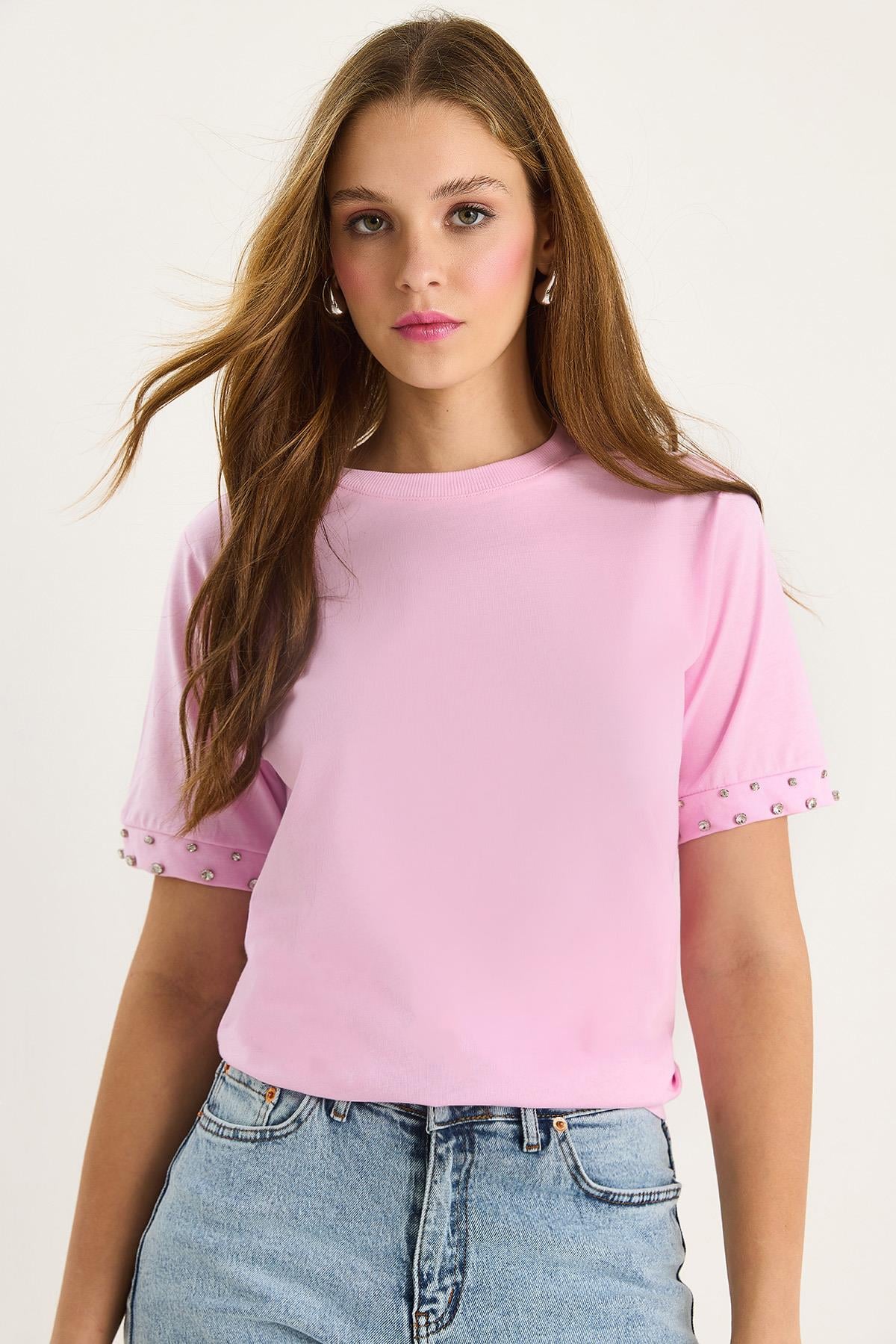 Kolları Taş İşlemeli Tshirt 60602002 - Pembe