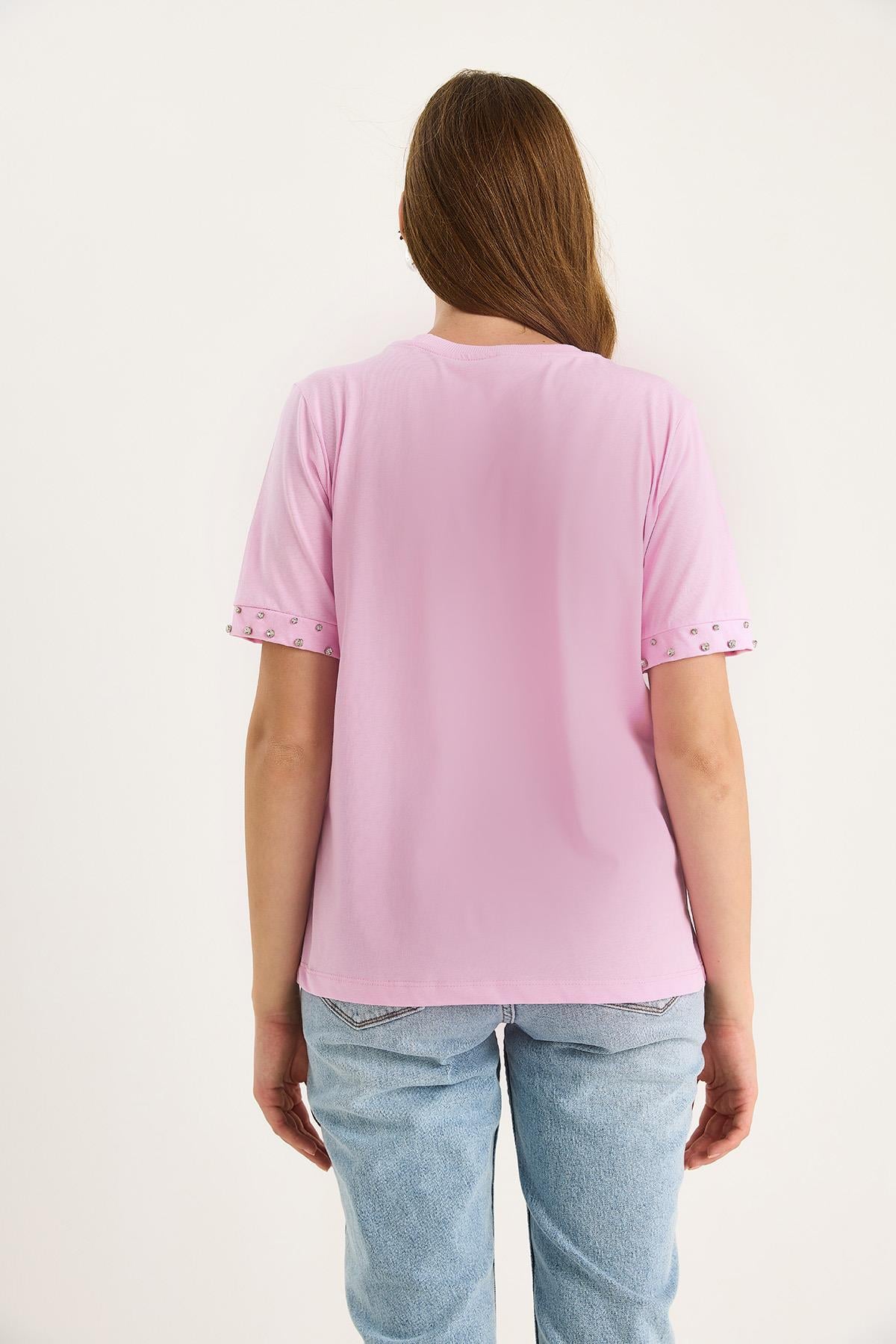 Kolları Taş İşlemeli Tshirt 60602002 - Pembe