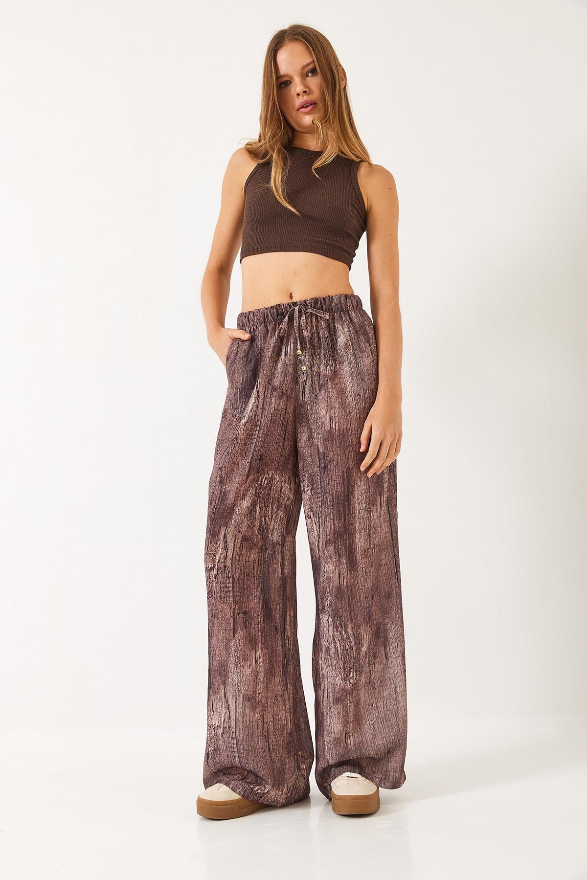 Kontrast Geçişli Cep Detaylı Wide Leg Pantolon 60440-2 60271056 - Kahve