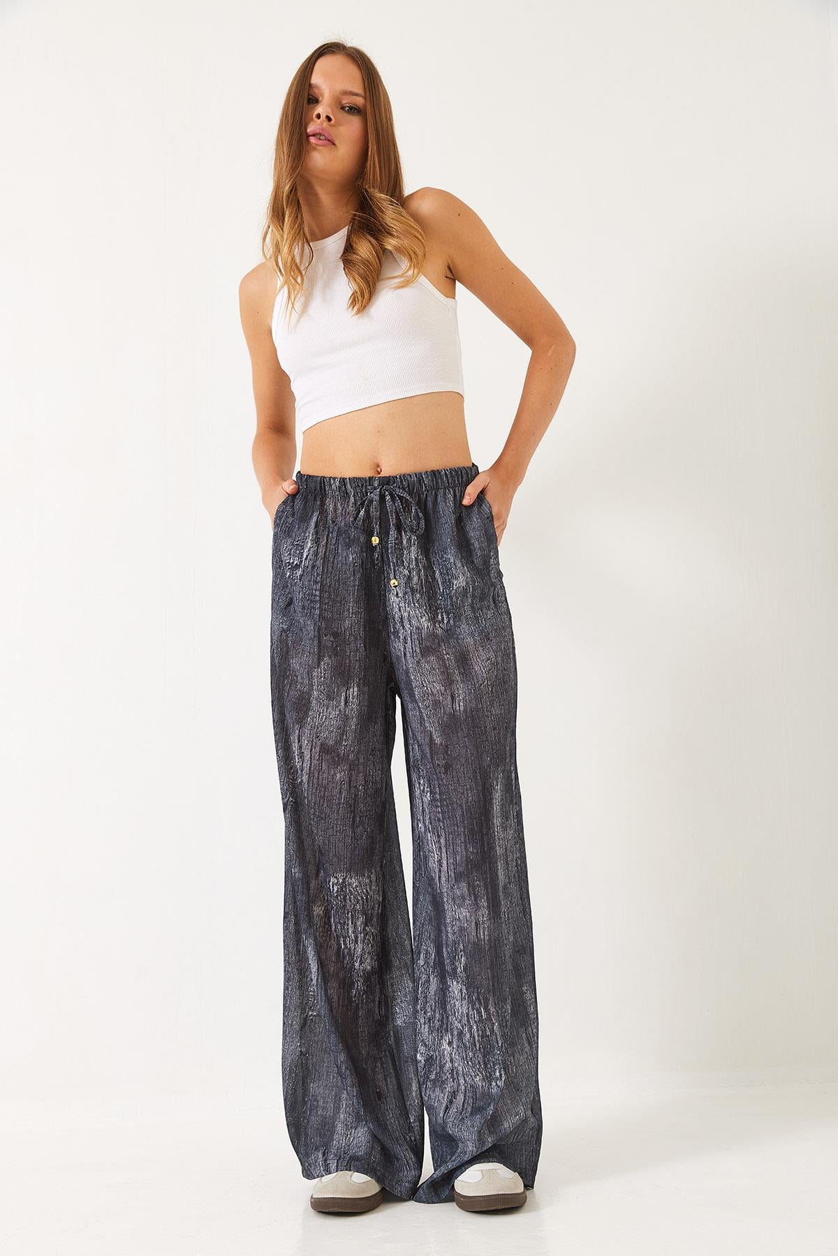 Kontrast Geçişli Cep Detaylı Wide Leg Pantolon 60440-2 60271056 - Antrasit